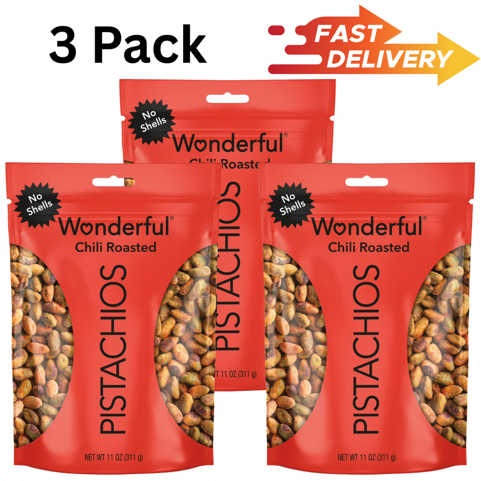 3 Pack - Wonderful Pistachios No Shells Chili Roasted Nuts, 11 Ounce Bag 3 Pack - Wonderful Pistachios No Shells Chili Roasted Nuts, 11 Ounce Bag