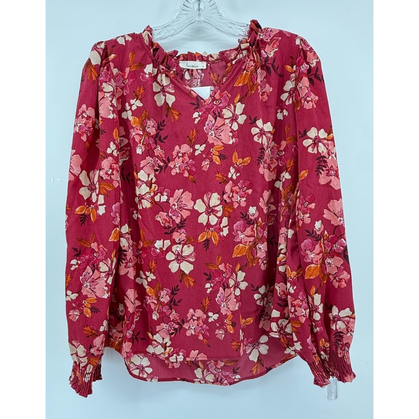Les Amis Floral Ruffle Neck Blouse Berry Red Long Sleeve Smocked Cuff Top M NWT Les Amis Floral Ruffle Neck Blouse Berry Red Long Sleeve Smocked Cuff Top M NWT