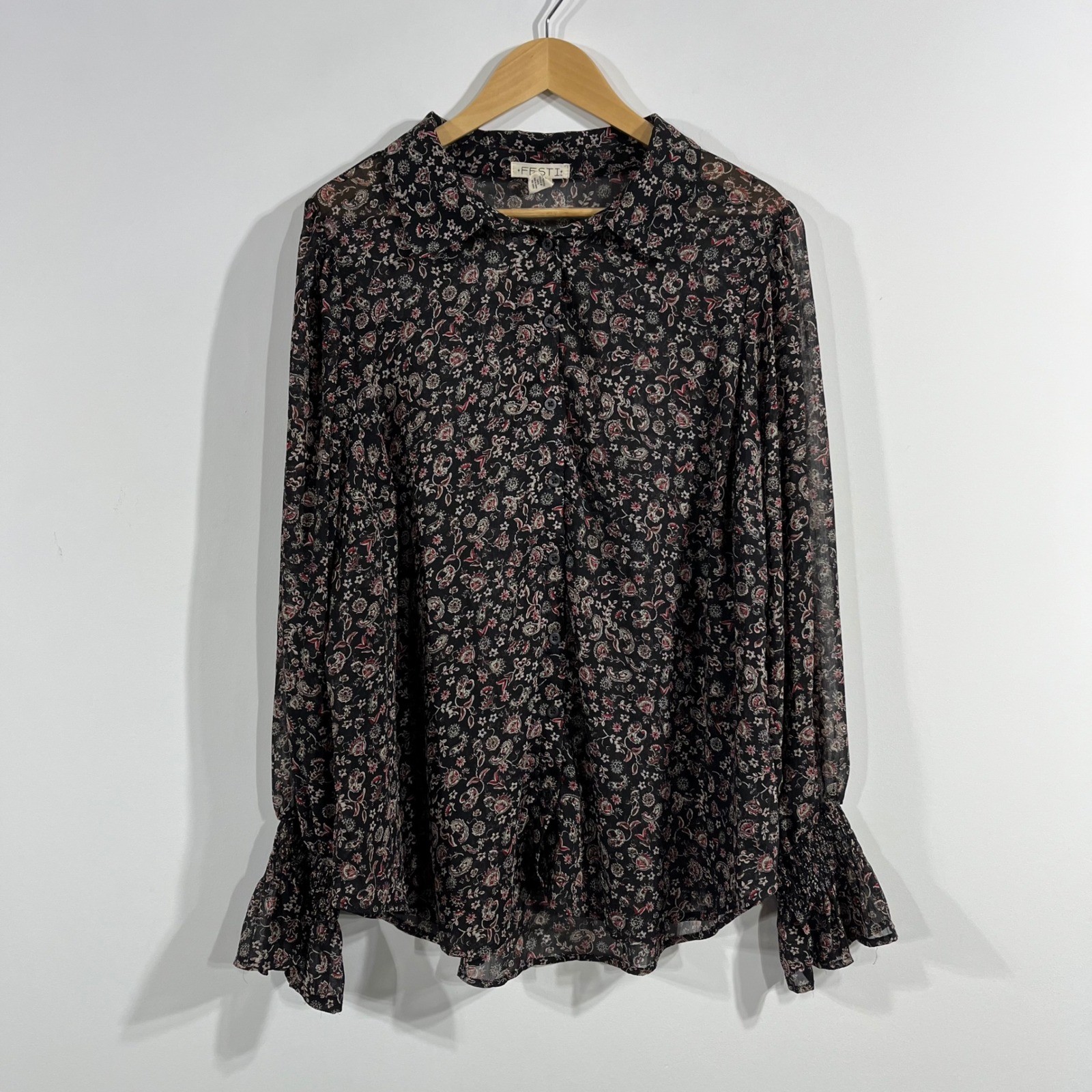 FESTI Whimsigoth Victorian 90s Boho Sheer Dark Floral Button Down Top Size Large