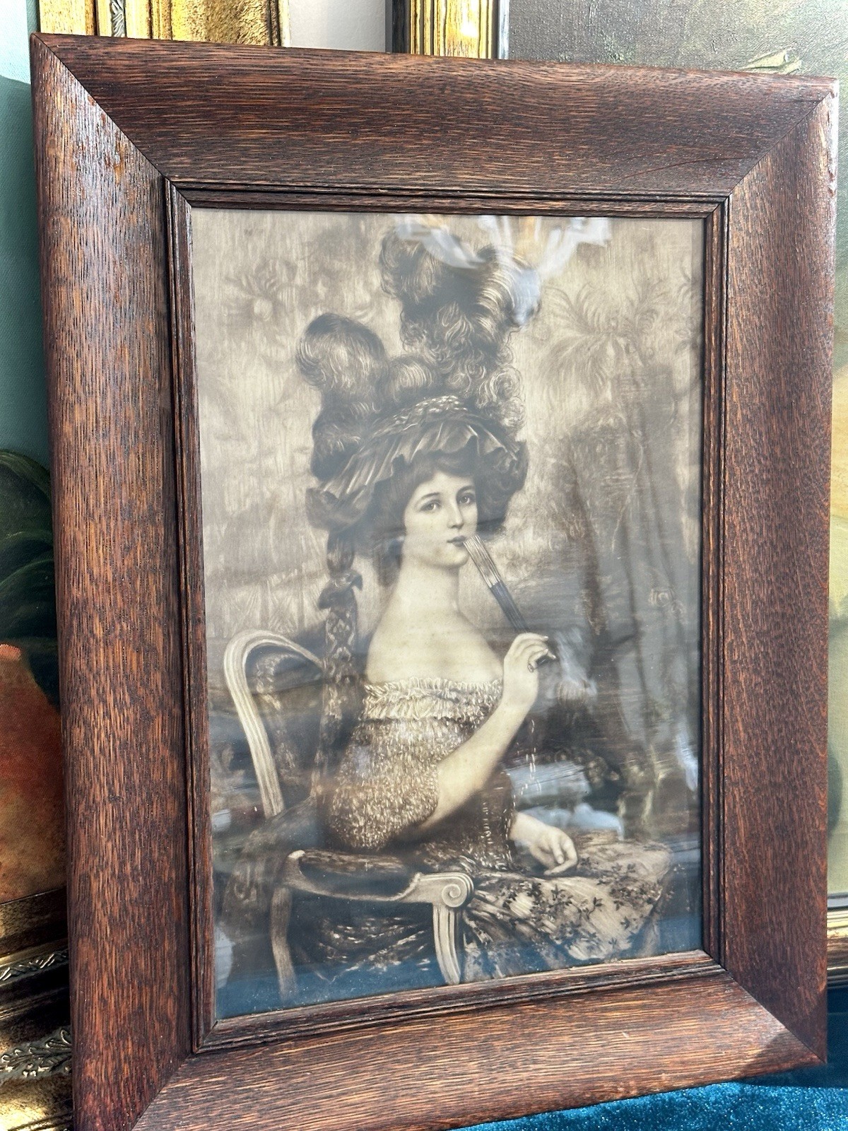 Signed Antique French Lithograph La Femme à L’Éventail by Abel Faivre, Tiger Oak