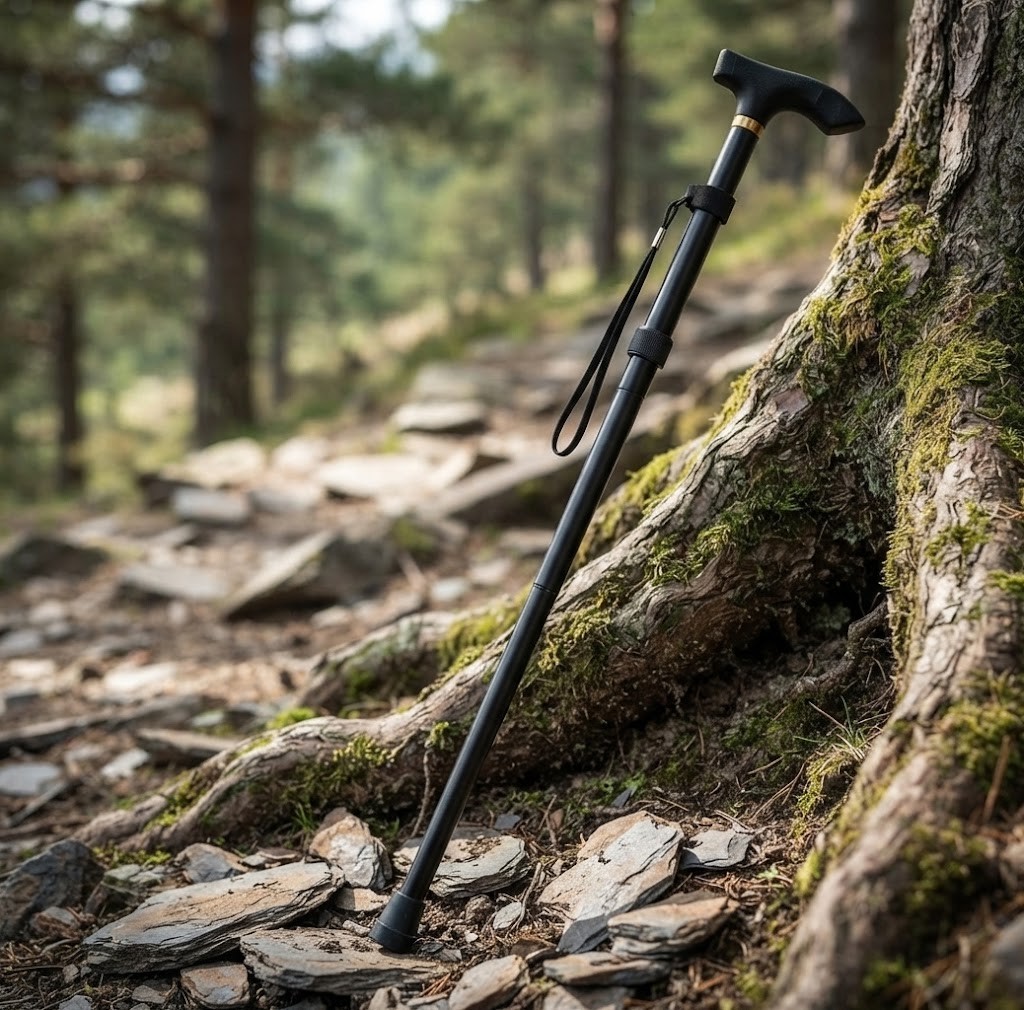 Black Aluminium Alloy Telescopic Walking Cane Adjustable Trekking Pole Hiking