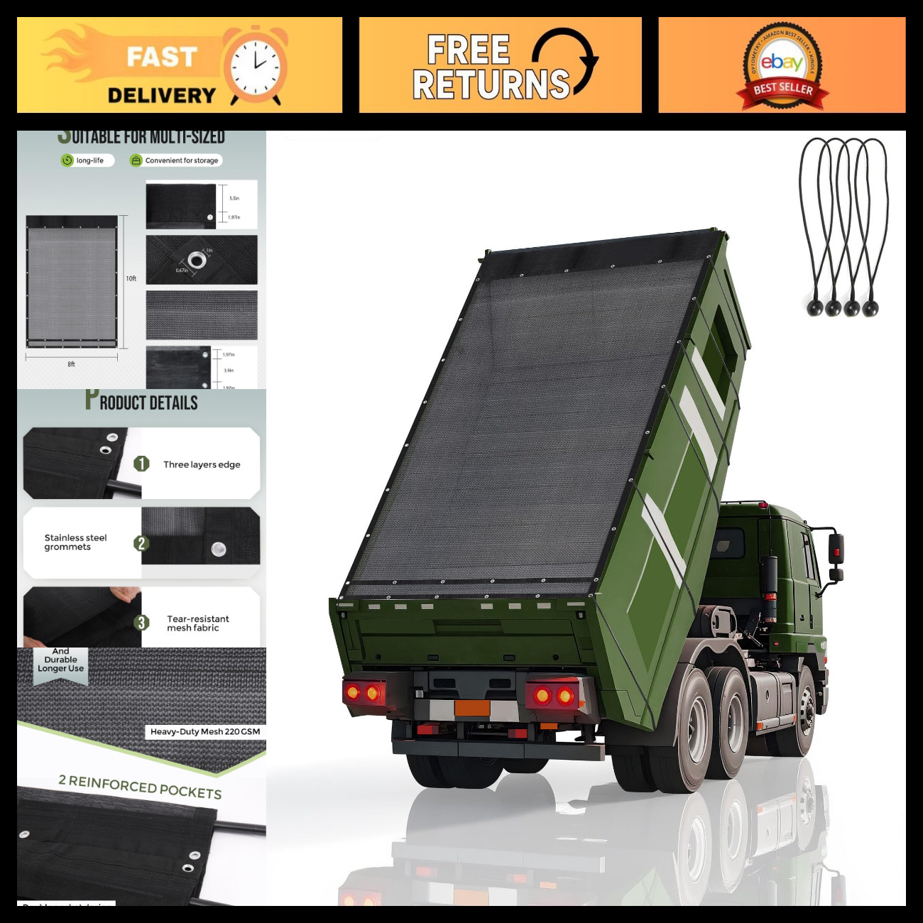 Heavy Duty 8' x 10' Mesh Dump Trailer Tarp with Grommets, Air-Flow, Elastic Cord