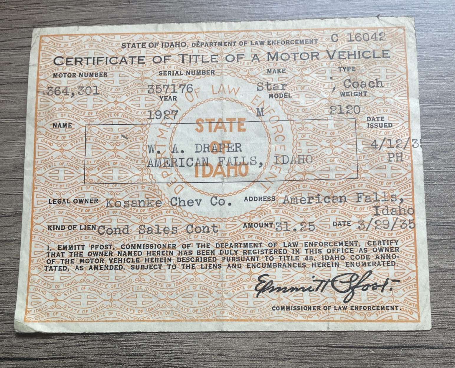 Vintage Certificate Of Title 1927 Star Coach Model M (9) Vintage Certificate Of Title 1927 Star Coach Model M (9)