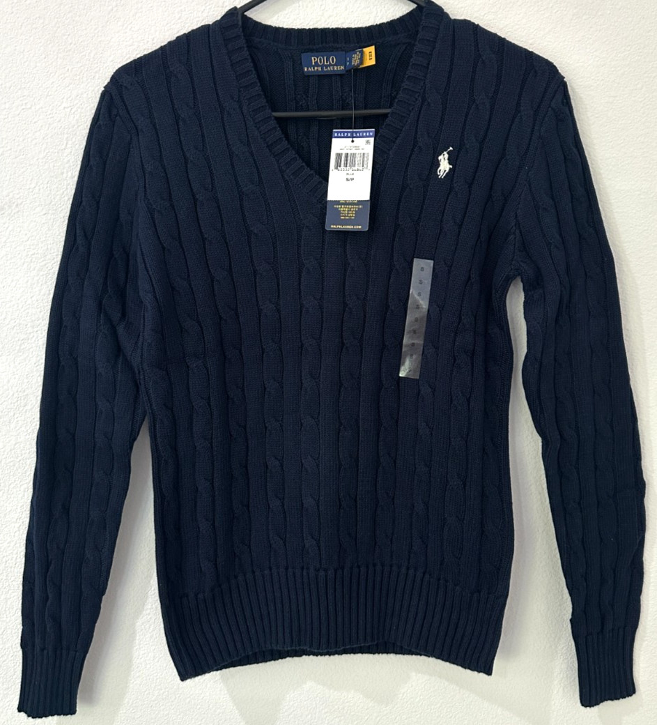 Polo Ralph Lauren Women’s Navy Cable Knit V-Neck Sweater S NWT QR Authenticate