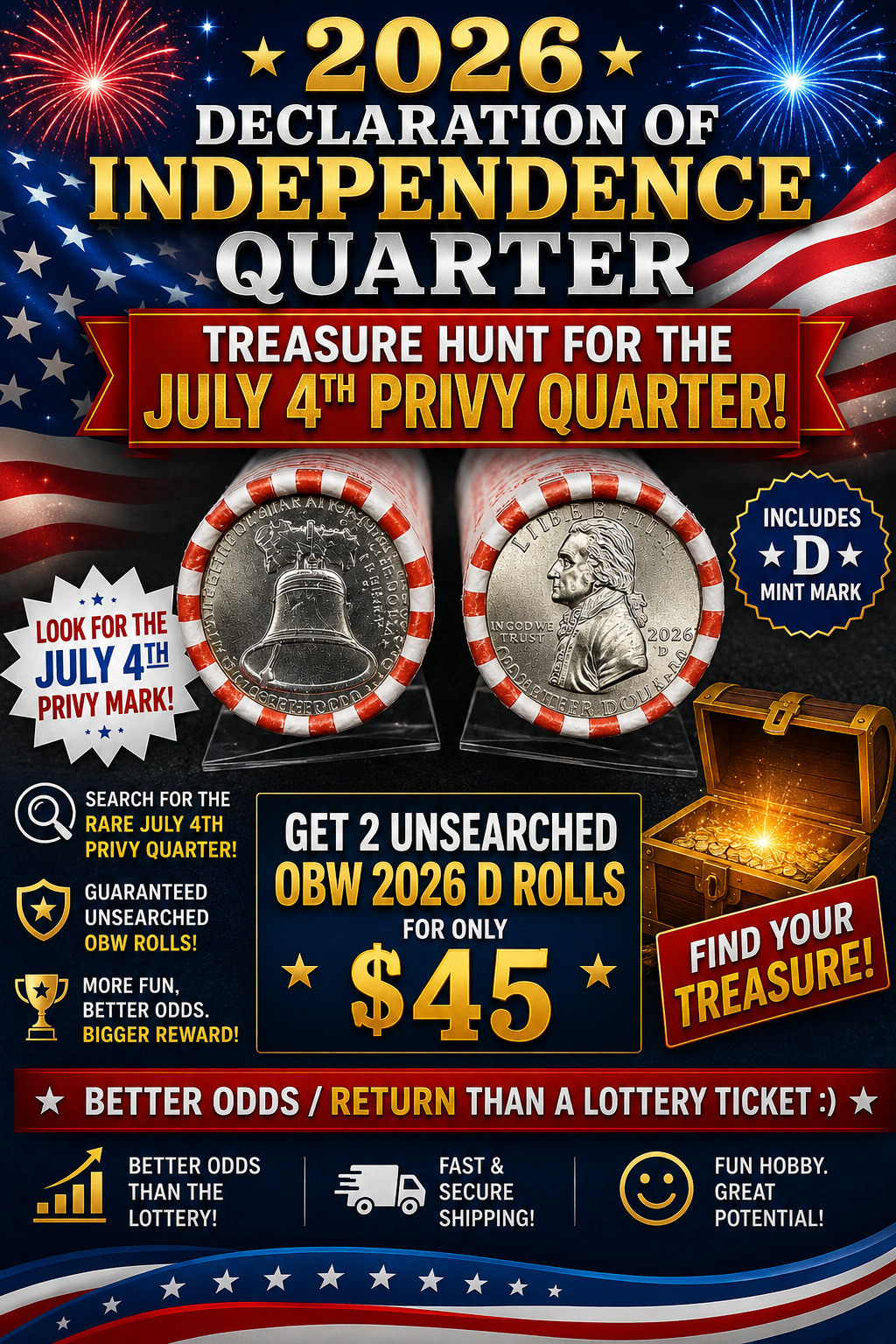 2026 D DECLARATION of INDEPENDENCE Quarter Rolls- Get 2 Rolls-July 4th Privy??