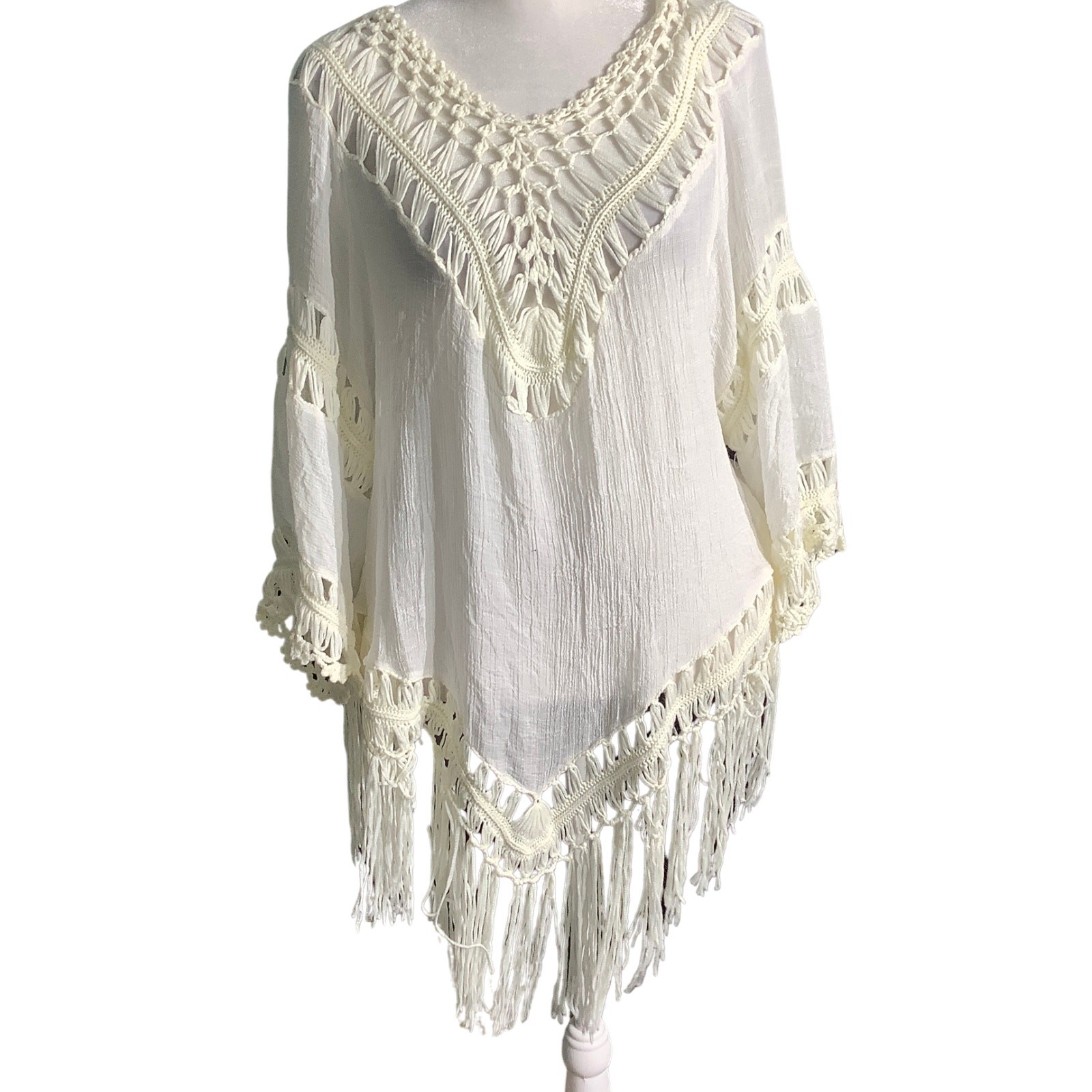 Time Line Ivory Crochet Boho Cover Up Tunic Women’s 1X — Fringe, Beach, Festival Time Line Ivory Crochet Boho Cover Up Tunic Women’s 1X — Fringe, Beach, Festival