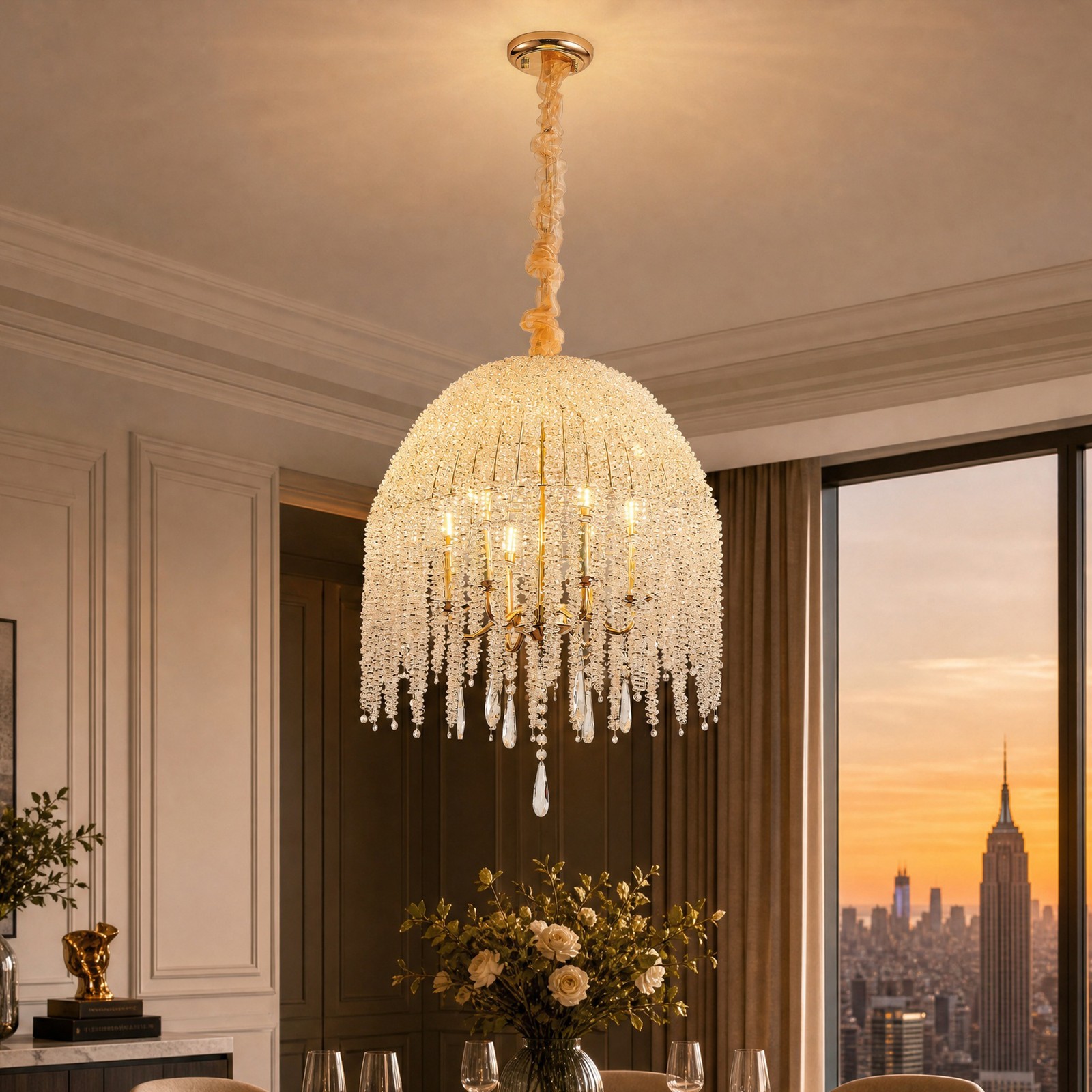 20 inch Gold Waterfall Crystal Pendant Chandelier Modern 6 Light Kitchen Fixture