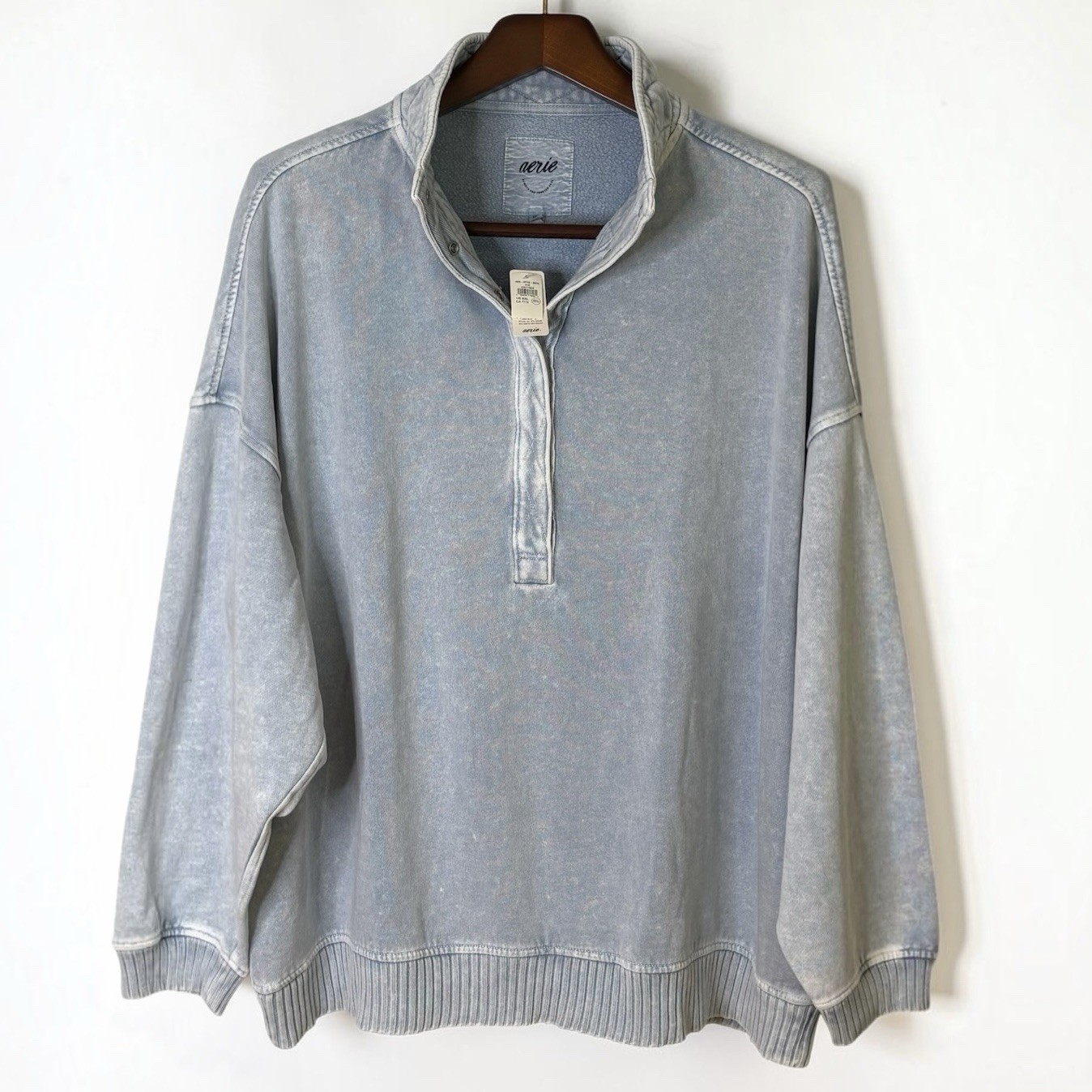 NWT Aerie Oh Snap Oversized Quarter Snap Sweatshirt Cloud Wash Blue Fleece XXL