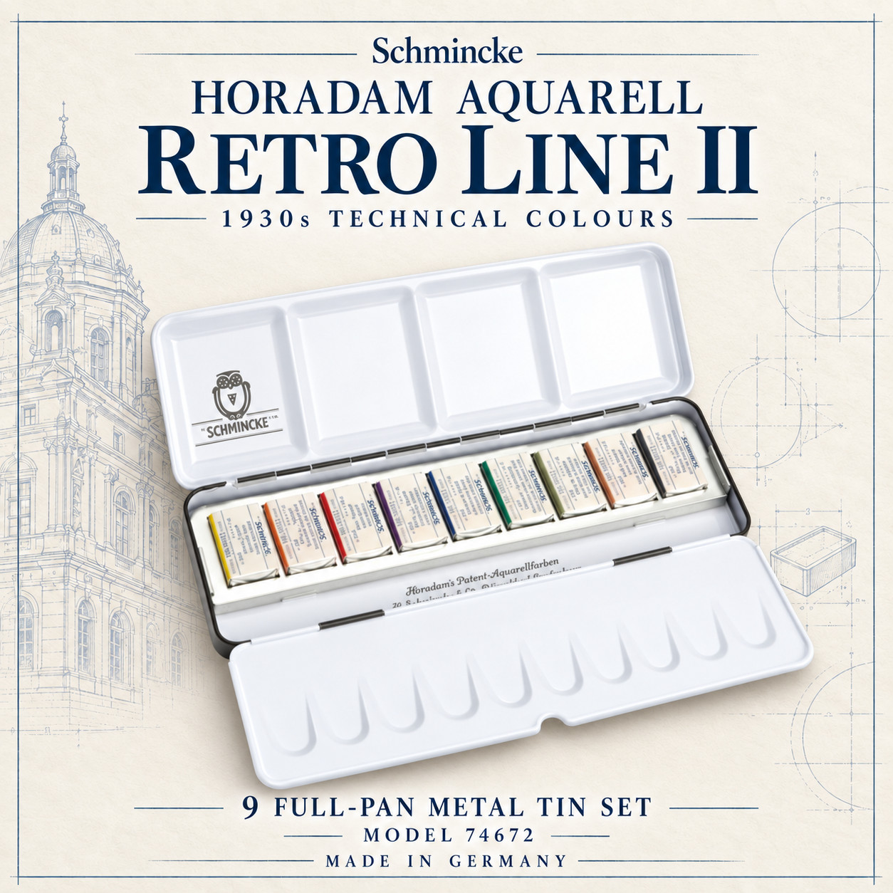 Schmincke HORADAM Retro 1930s 9 Full Pan Watercolor Metal Set 74672