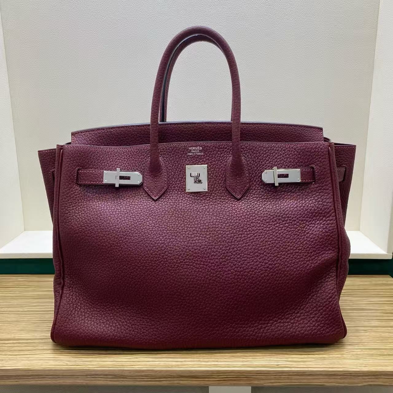 AUTH Hermes Birkin35 Rouge H Togo Leather Palladium Hardware Handbag rare