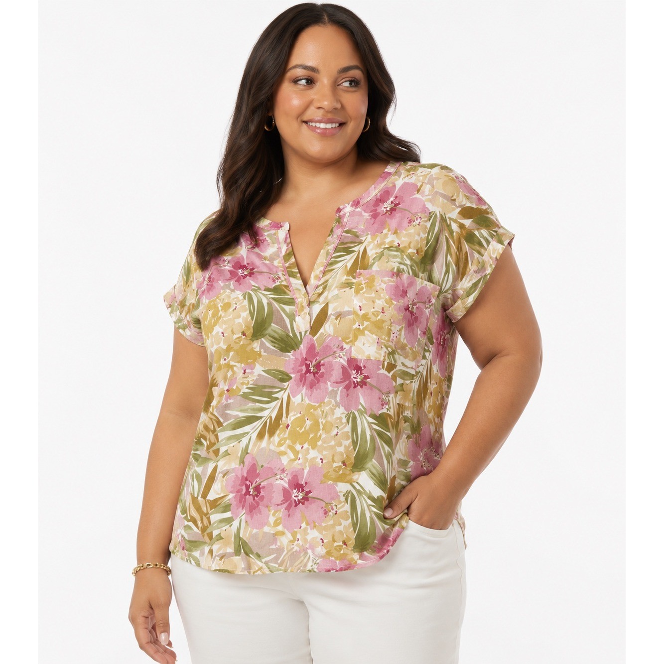 Jones New York JNY Floral Linen Blend Blouse Pink Green 1X NWT Split Neck Top