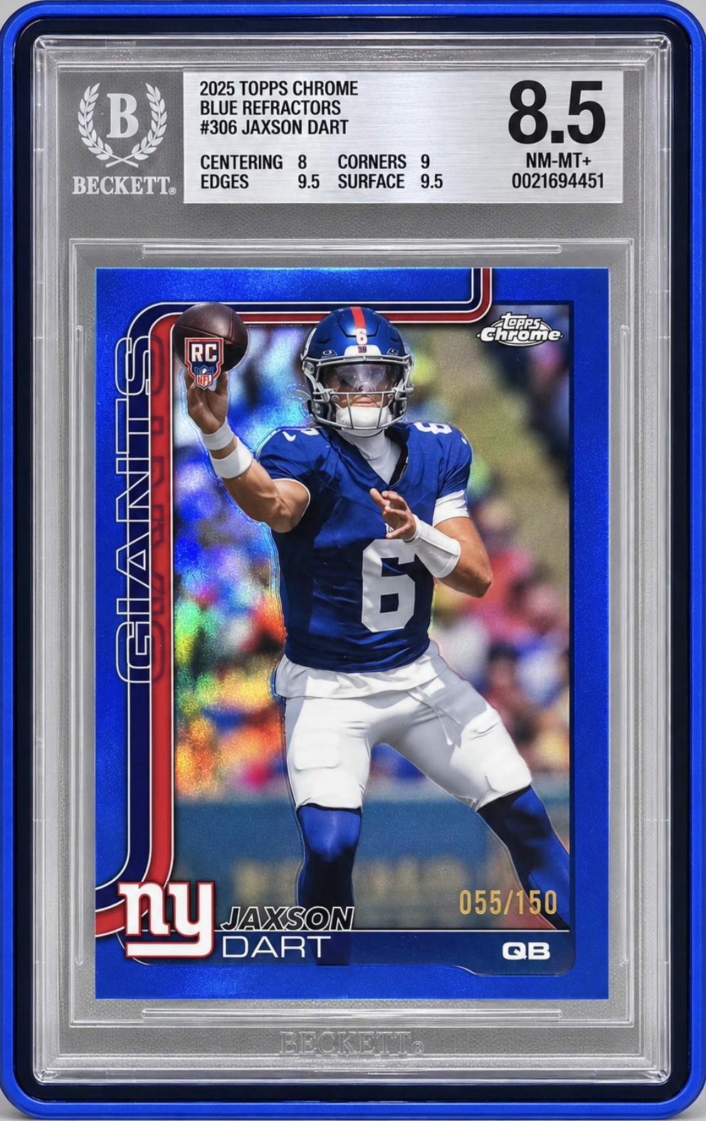 2025 Topps Chrome Rookies Jaxson Dart (RC) Blue Refractor #306 /150 2025 Topps Chrome Rookies Jaxson Dart (RC) Blue Refractor #306 /150