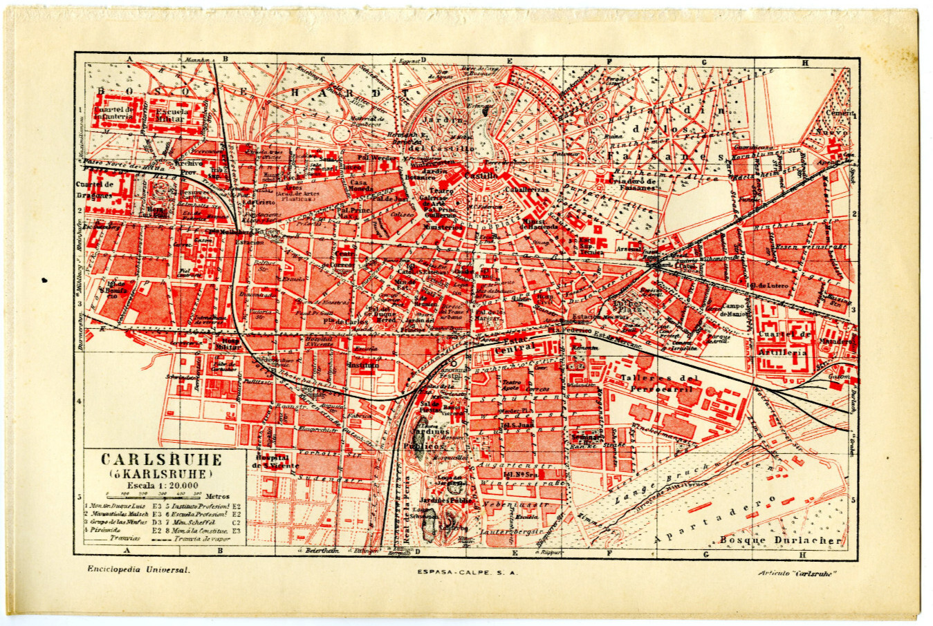 1920s Antique Map Carlsruhe Karlsruhe City Germany View Europe Wall Art Retro