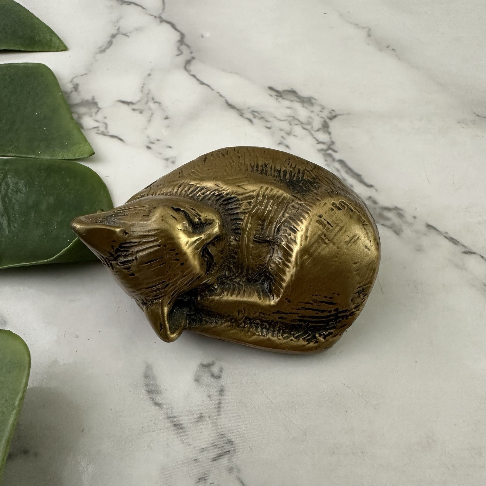 Vintage Brass Cat Figurine Paper Weight Sleeping Kitten Small Trinket Metal