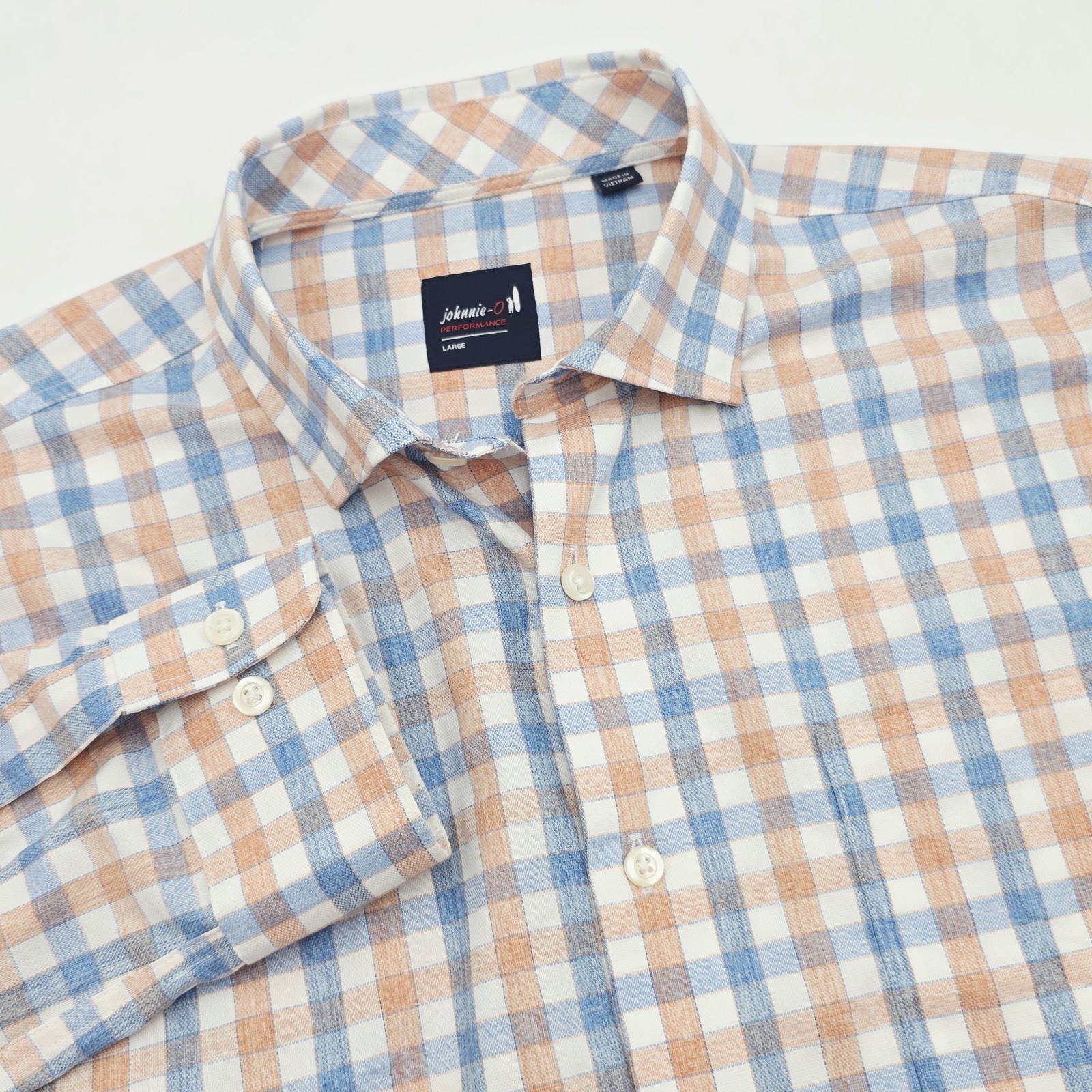 johnnie O Men\'s L Performance Button Up Shirt Blue/Orange Check McArthur Creole