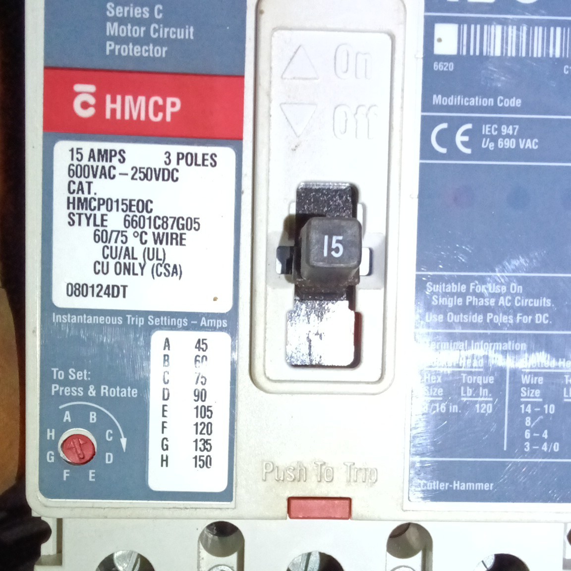 Cutler-Hammer HMCP015E0C Motor Circuit Protector 15A 3-Pole 600VAC/250VDC Cutler-Hammer HMCP015E0C Motor Circuit Protector 15A 3-Pole 600VAC/250VDC