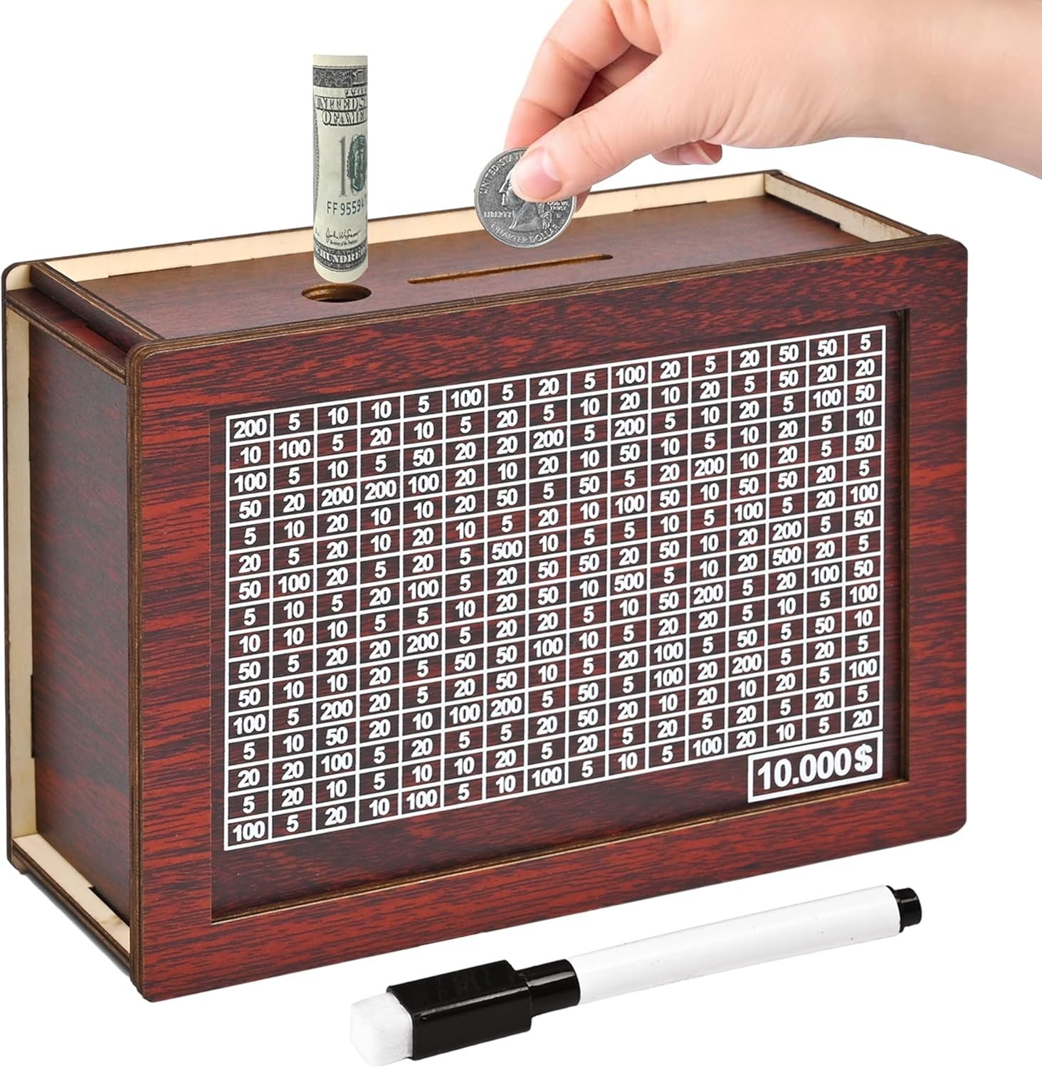 10000 Savings Challenge Box, Wooden Money Saving Bank for Adults and Kids, Reusa 10000 Savings Challenge Box, Wooden Money Saving Bank for Adults and Kids, Reusa