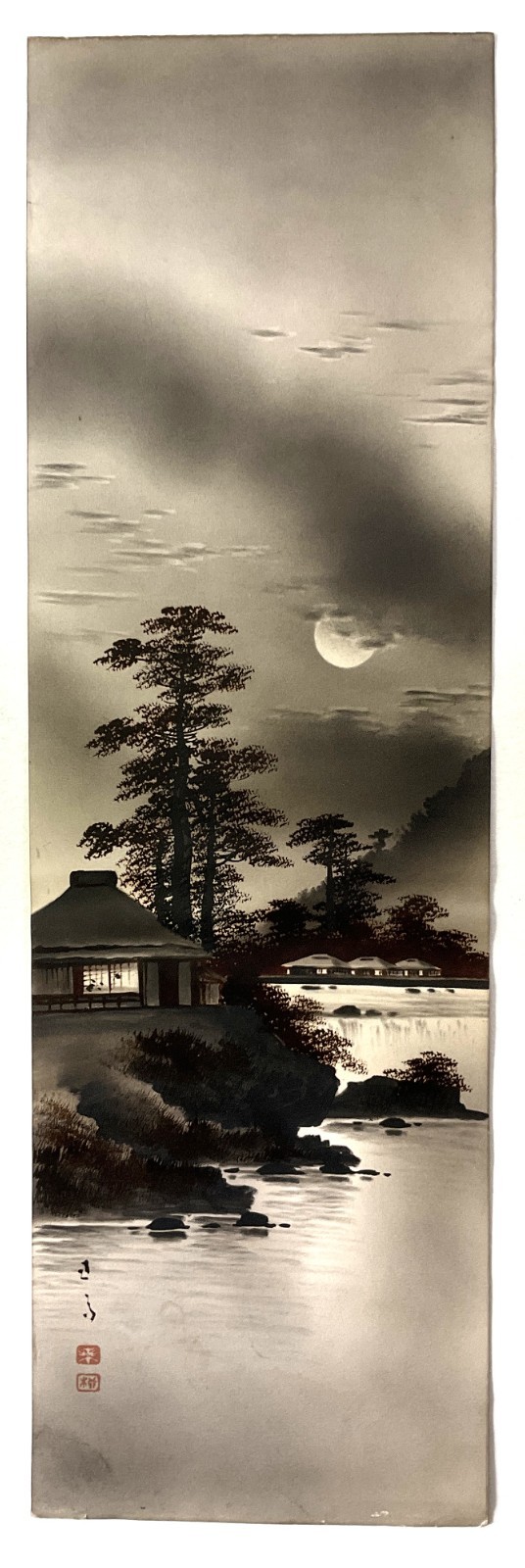 MATSUMOTO WATERCOLOR  MOONLT RIVER LANDSCAPE   RARE LARGE FORMAT  19 X 6   1935
