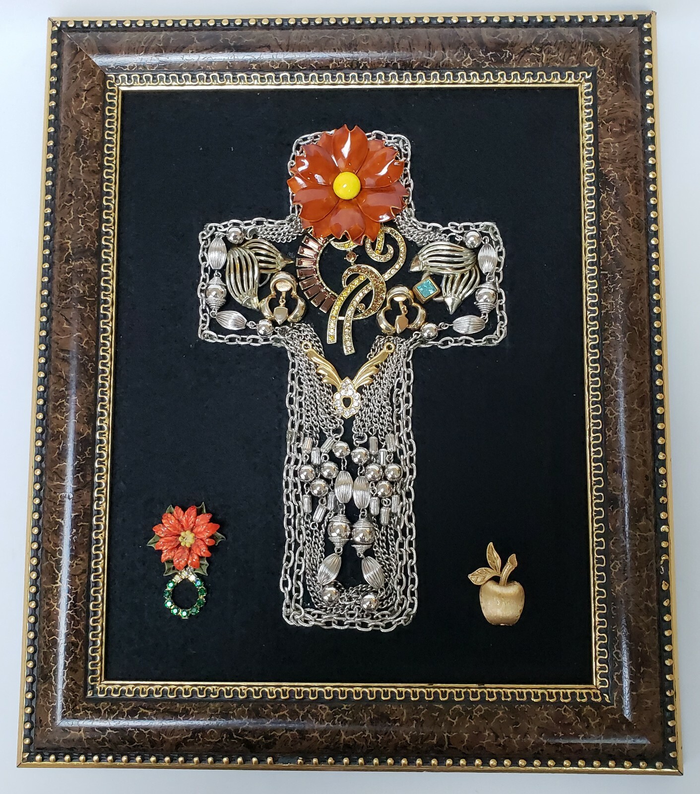 Framed Jewelry Art Cross OOAK Handmade Butterfly Bird Fish Rhinestones