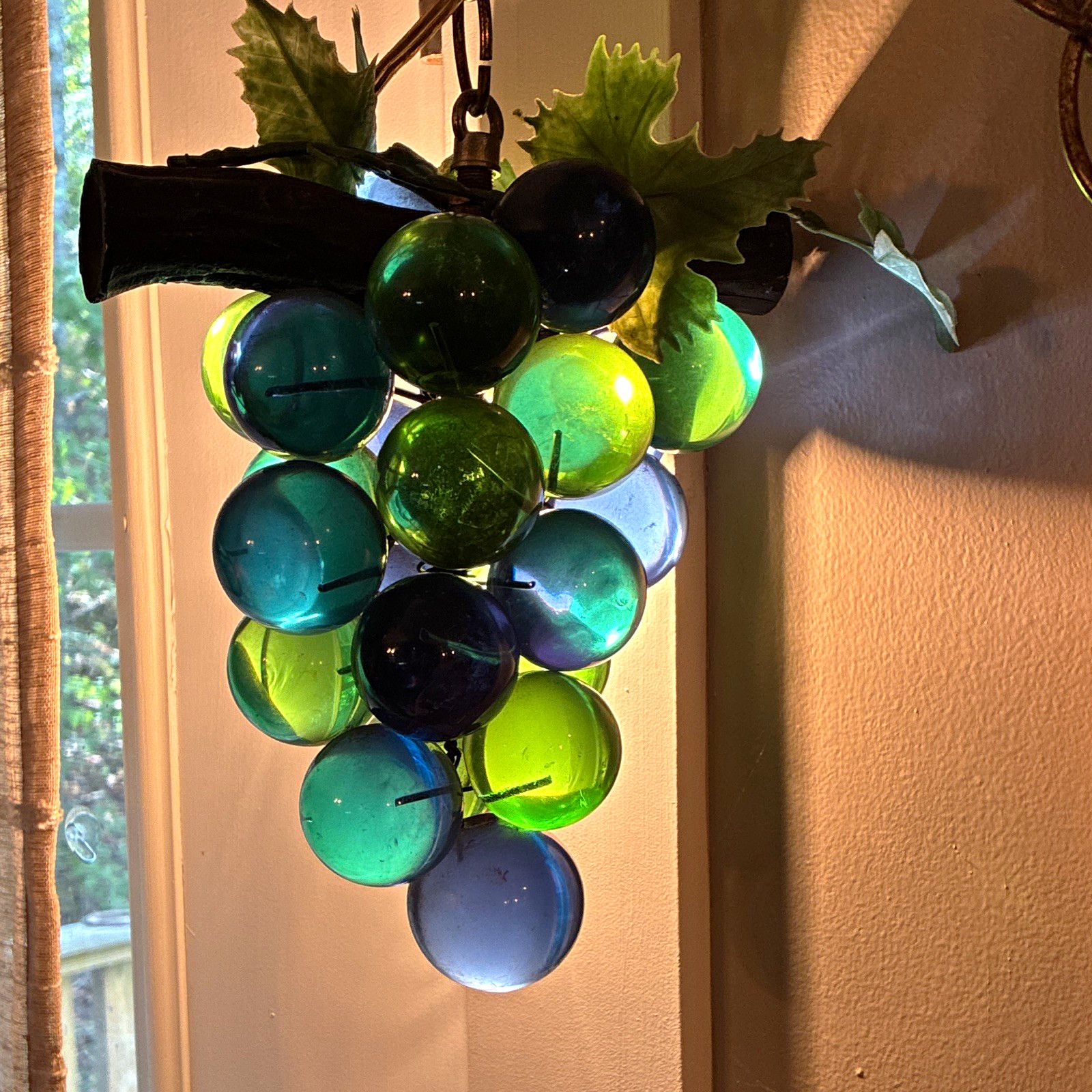Vintage  Glass Grape Cluster Swag Lamp, Green & Blue, Plug-In w/ Chain