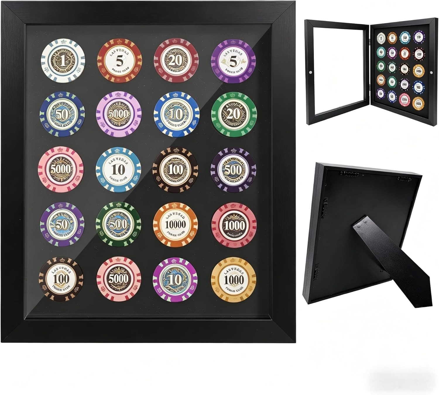 Poker Chip Display Case Frame for 20 Chips, Magnetic Front-Opening Black Poker Chip Display Case Frame for 20 Chips, Magnetic Front-Opening Black