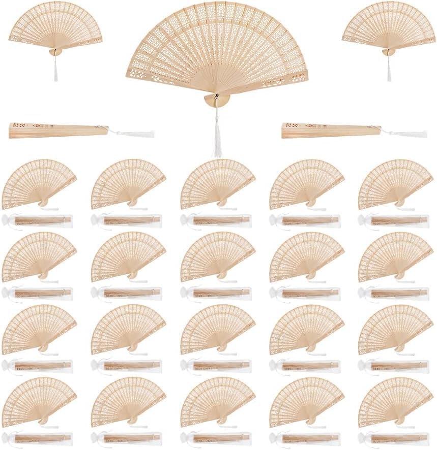 25 Pieces Sandalwood Fans, Wooden Handheld Folding Fan with Tassels and