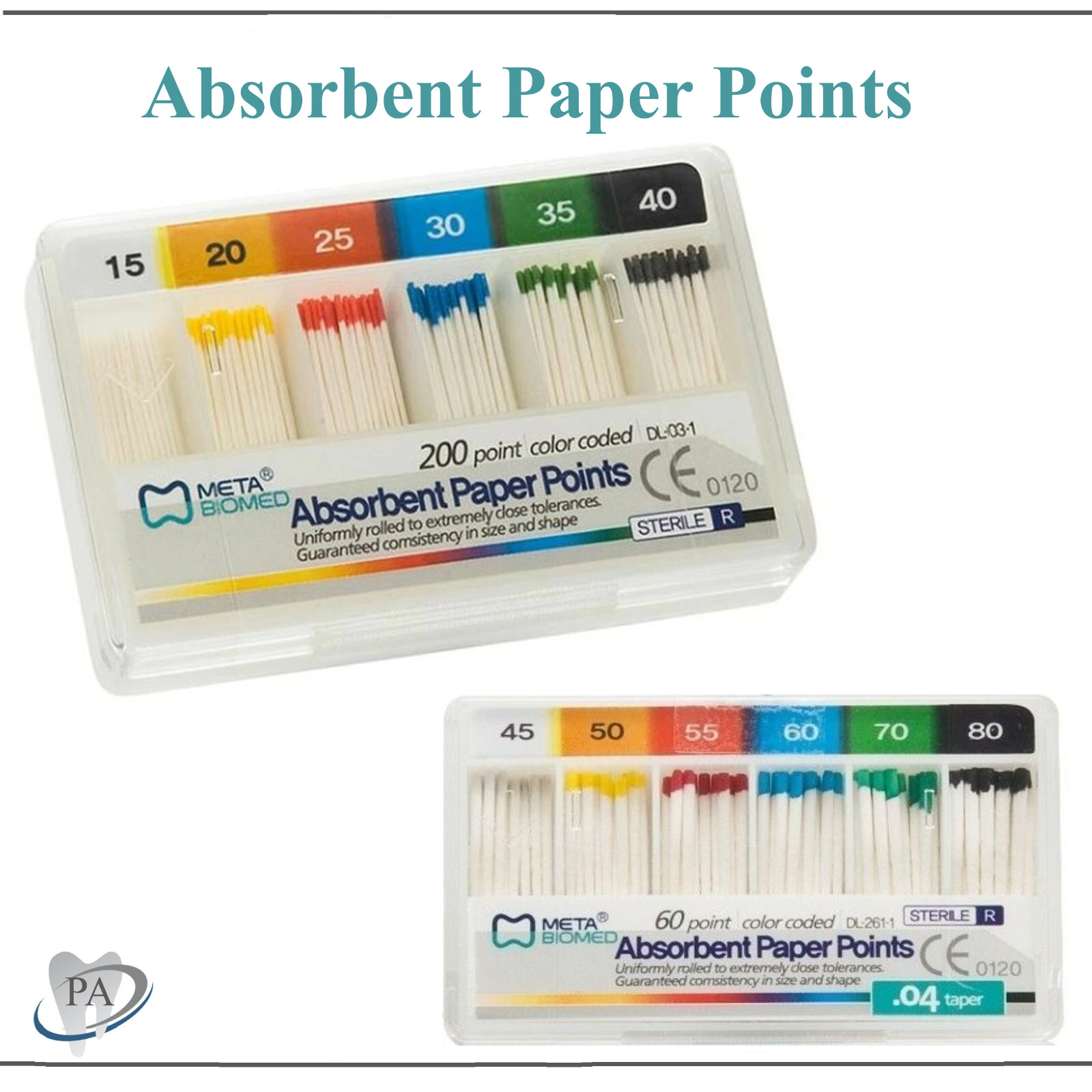 Dental Meta Absorbent Paper Points Sterilized Taper 0.4 / 0.6 Sizes 15 -80, 60Bx Dental Meta Absorbent Paper Points Sterilized Taper 0.4 / 0.6 Sizes 15 -80, 60Bx