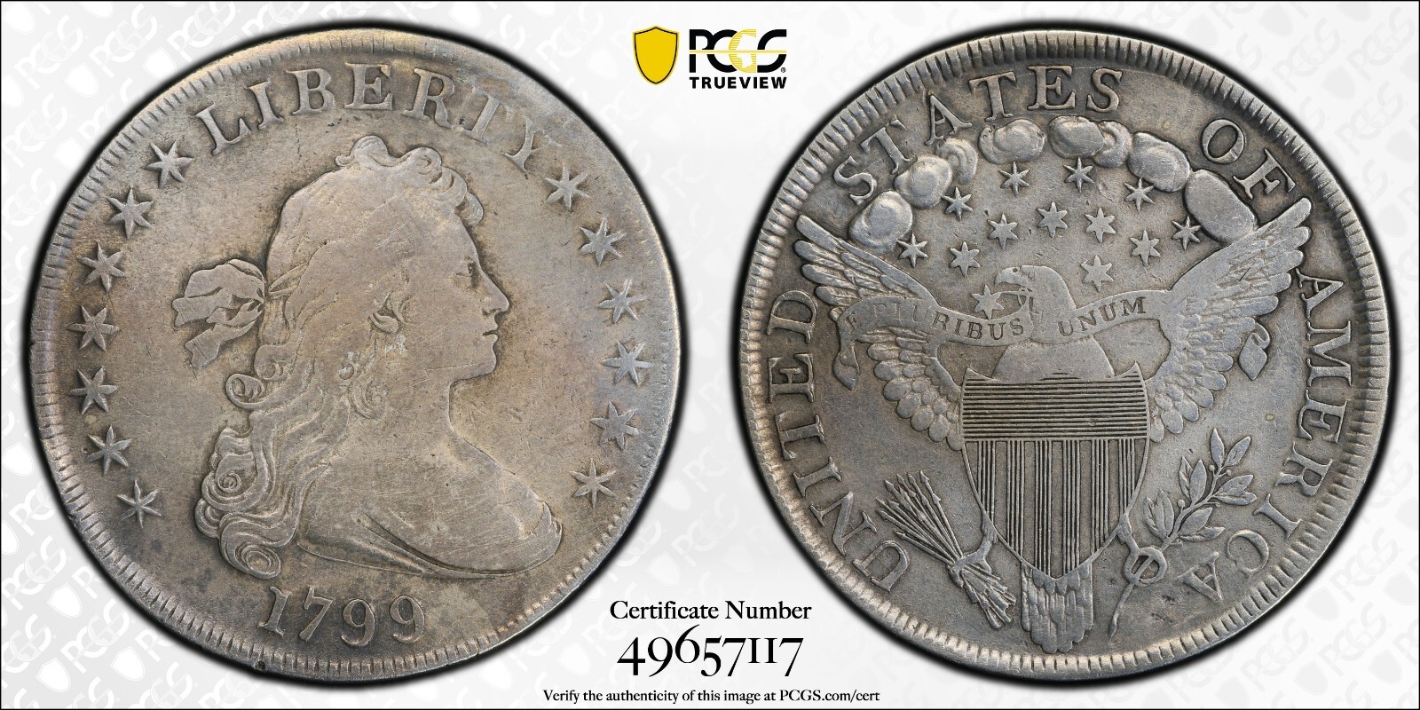 RARE-1799 Draped Bust Dollar PCGS -VF Details Plugged-Variety BB-157 LOW MINTAGE