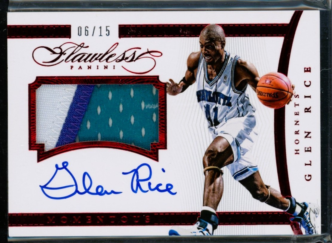 2014-15 Panini Flawless Glen Rice Game Worn Used GU Auto Patch /15 Ruby Hornets 2014-15 Panini Flawless Glen Rice Game Worn Used GU Auto Patch /15 Ruby Hornets