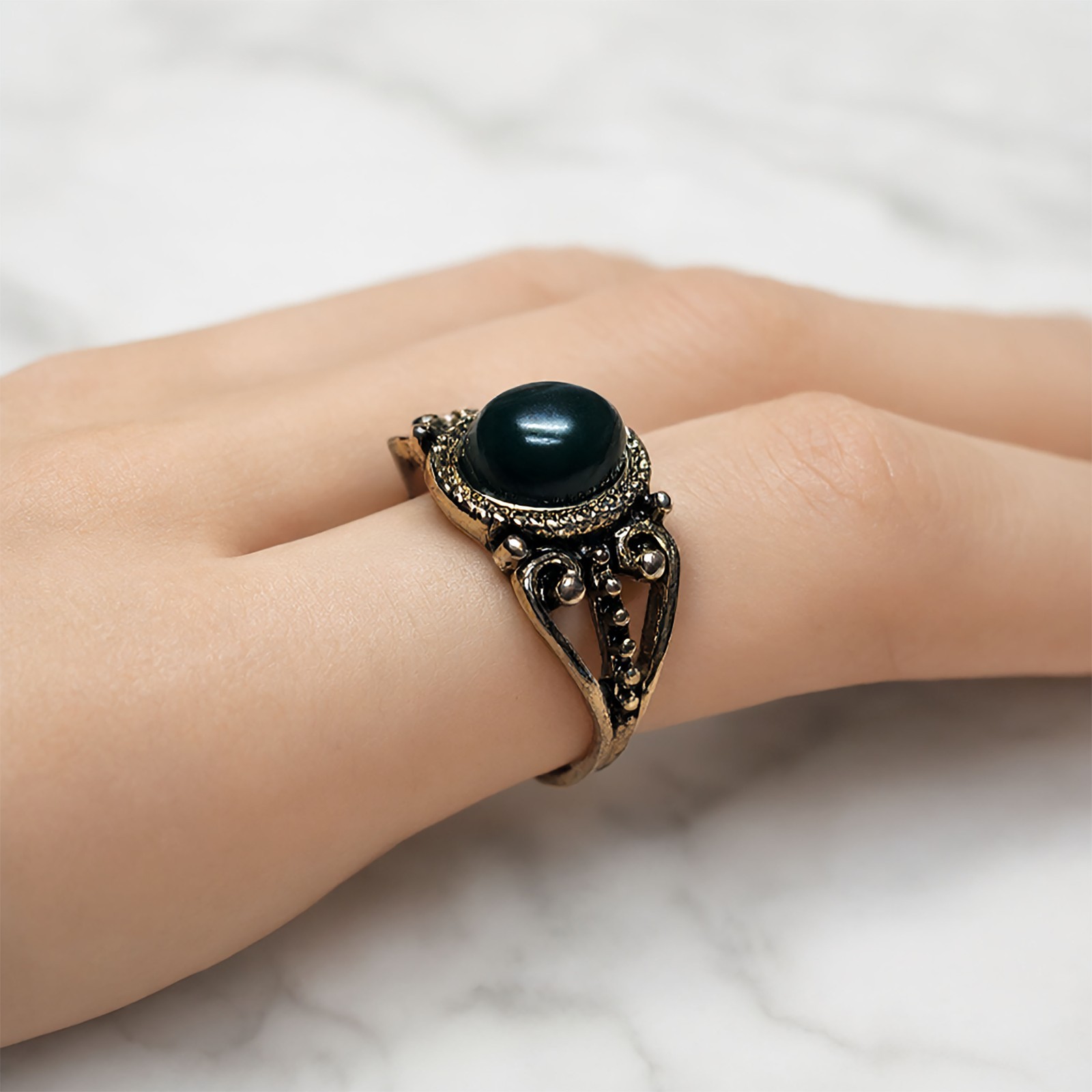 Vintage Boho Brass Filigree Green Cabochon Statement Ring Ornate Vintage Beaded Vintage Boho Brass Filigree Green Cabochon Statement Ring Ornate Vintage Beaded