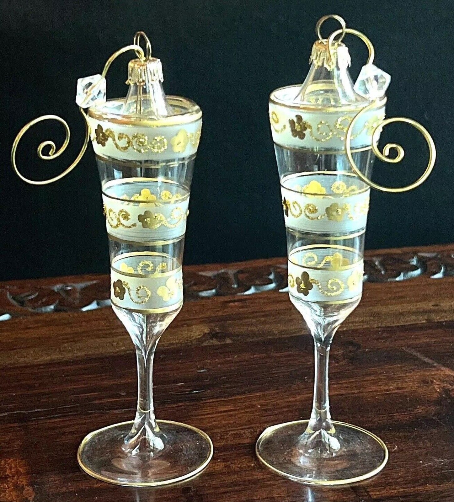 Vintage Italian Hand Blown Glass Gold Champagne Flute Christmas Ornaments x 2