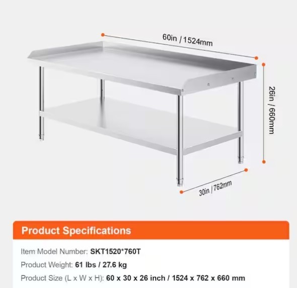 Stainless Steel Work Table, 30 x 60 x 26 in. 3-Sided Backsplash Prep Table Stainless Steel Work Table, 30 x 60 x 26 in. 3-Sided Backsplash Prep Table
