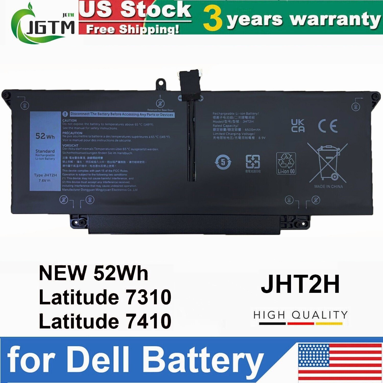 JHT2H Battery Fits For Dell Latitude 7310 7410 0YJ9RP 009YYF 04V5X2 52Wh 7.6V US