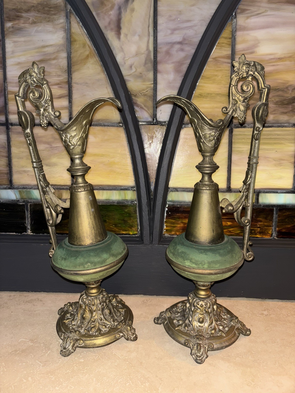 Pair Antique BRASS Garniture EWERS Urns Pair Antique BRASS Garniture EWERS Urns