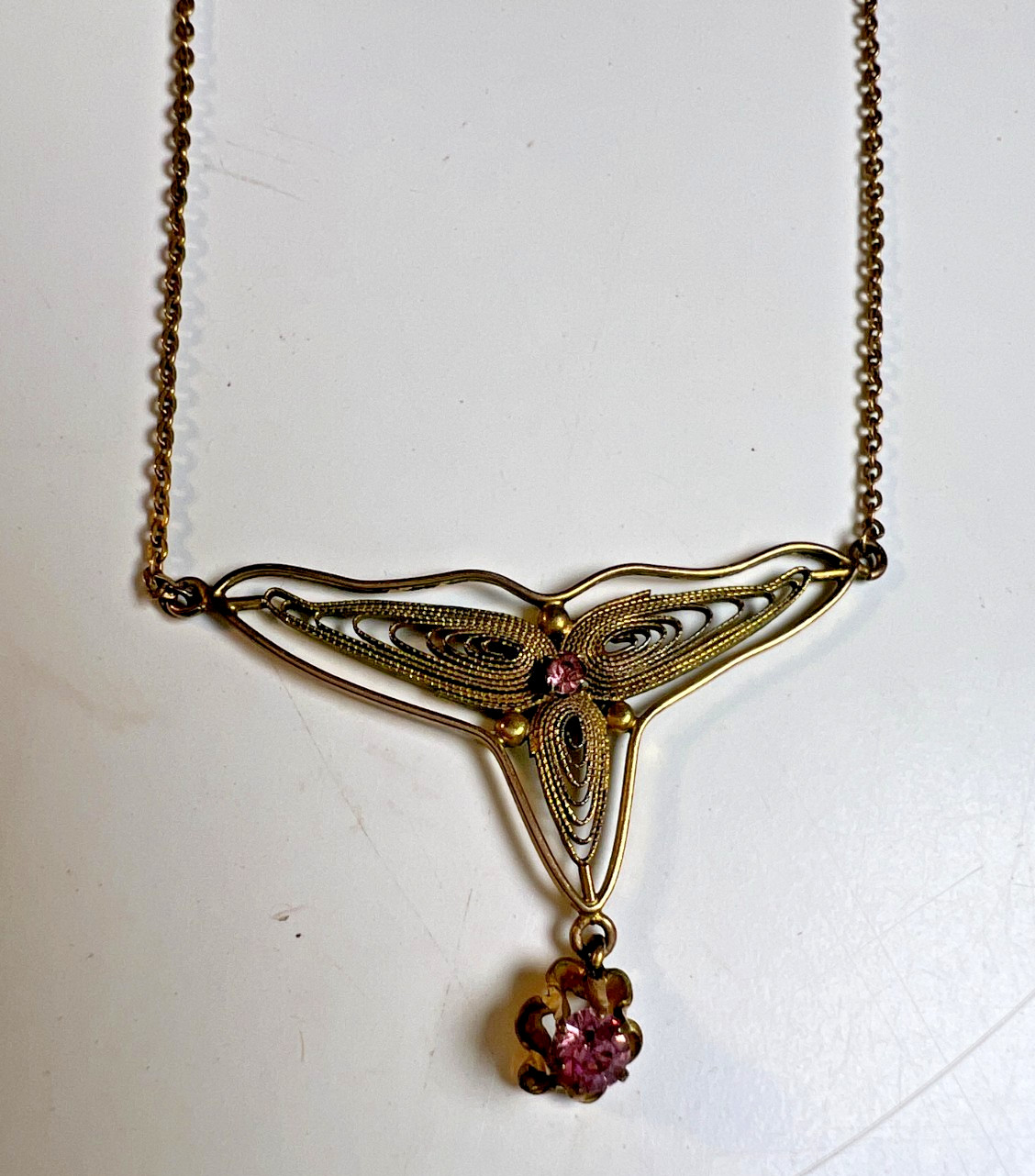 Antique FINE Edwardian Art Nouveau Pink Stone Filigree Lavalier Necklace c1910