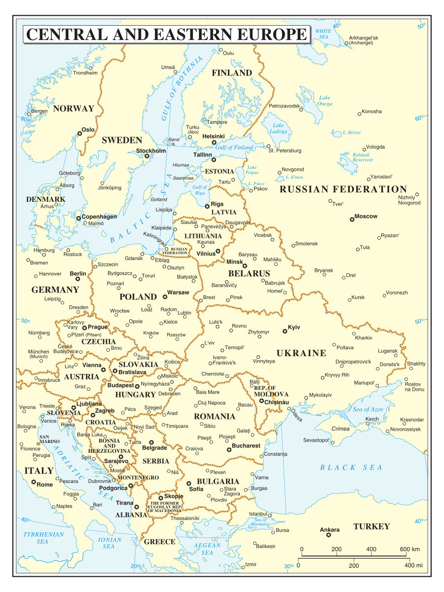 Central Eastern Europe Political Administrative Physical Waterways Map Print