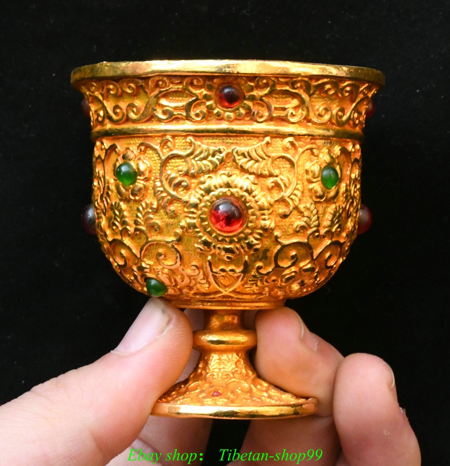 2.5\'\'Old Chinese Dynasty Bronze Gilt Inlay Gems Drinking Wine Glass Cup