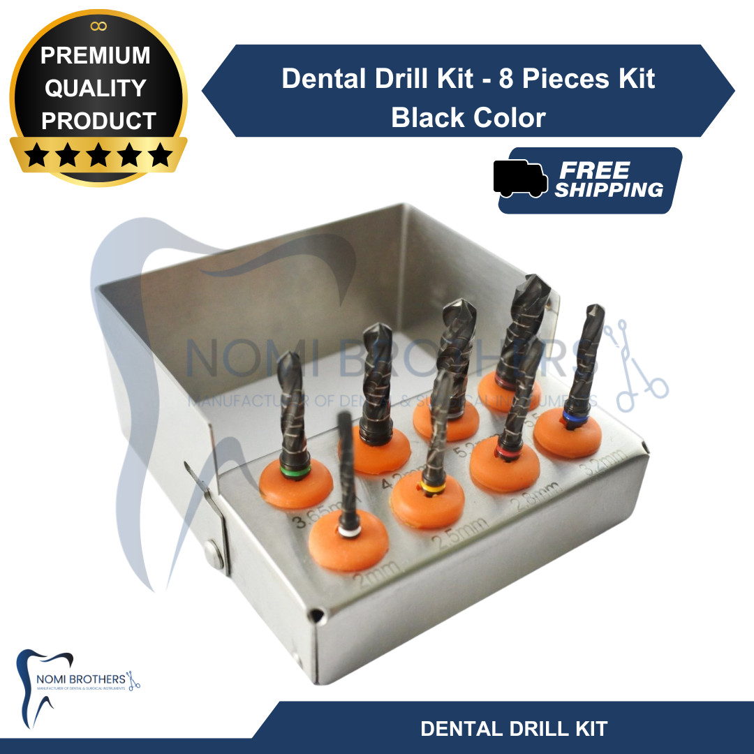 8-Piece Titanium Coated Precision Dental Drill Set Black Industrial Grade CE