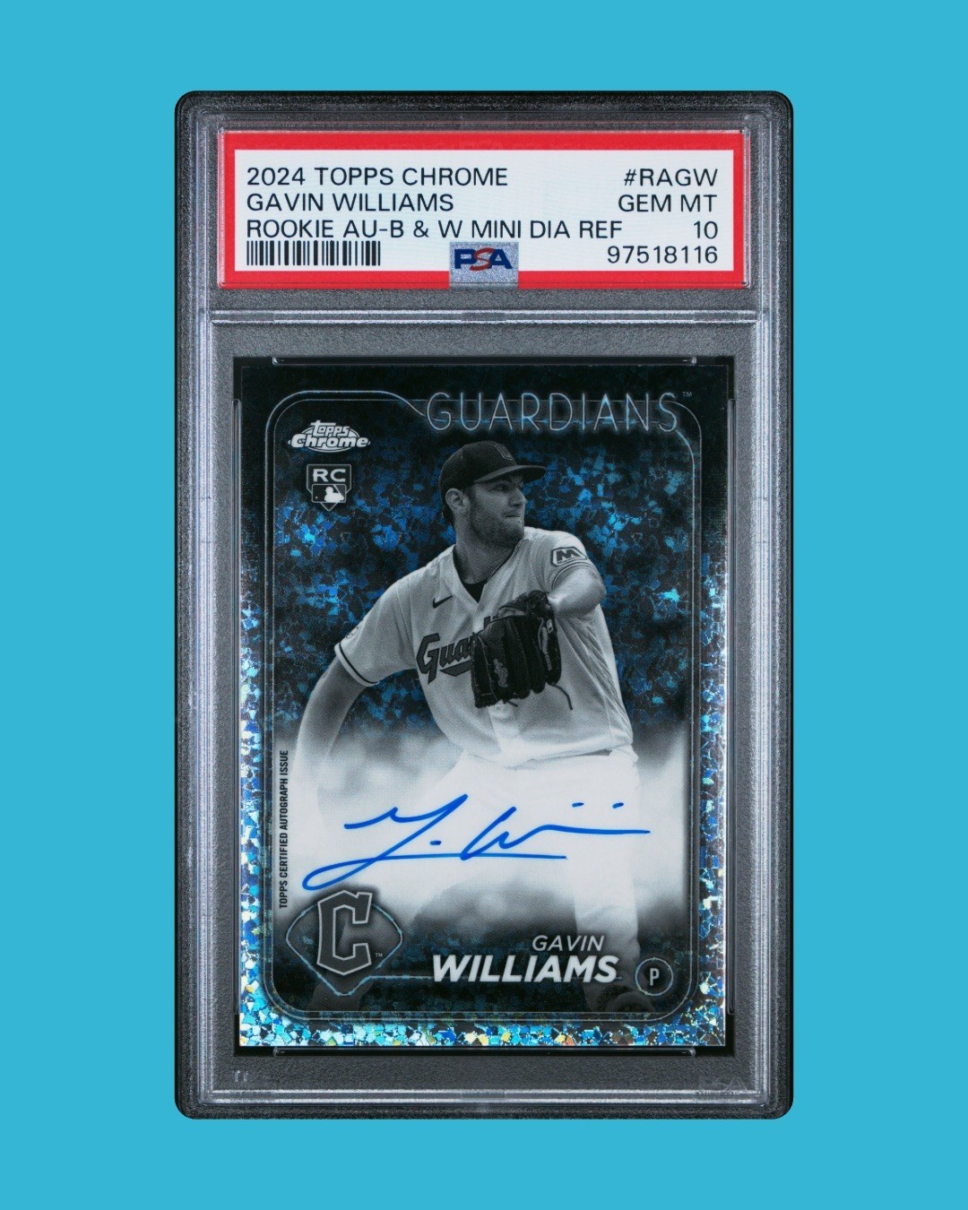 2024 Topps Chrome Gavin Williams RC Auto B&W Mini Diamond Refractor PSA 10 SSP 2024 Topps Chrome Gavin Williams RC Auto B&W Mini Diamond Refractor PSA 10 SSP