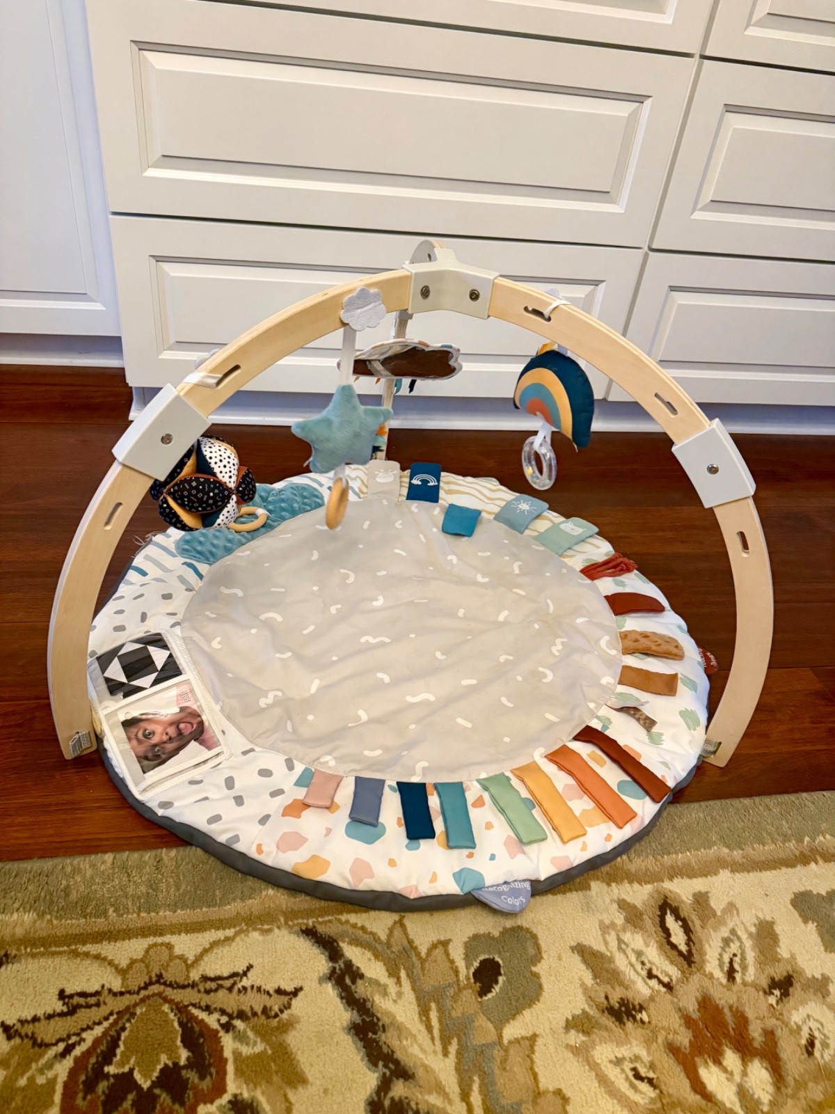 Blissful Diary Baby Activity Gym & Play Mat with Wooden Frame, Toys & Mirror