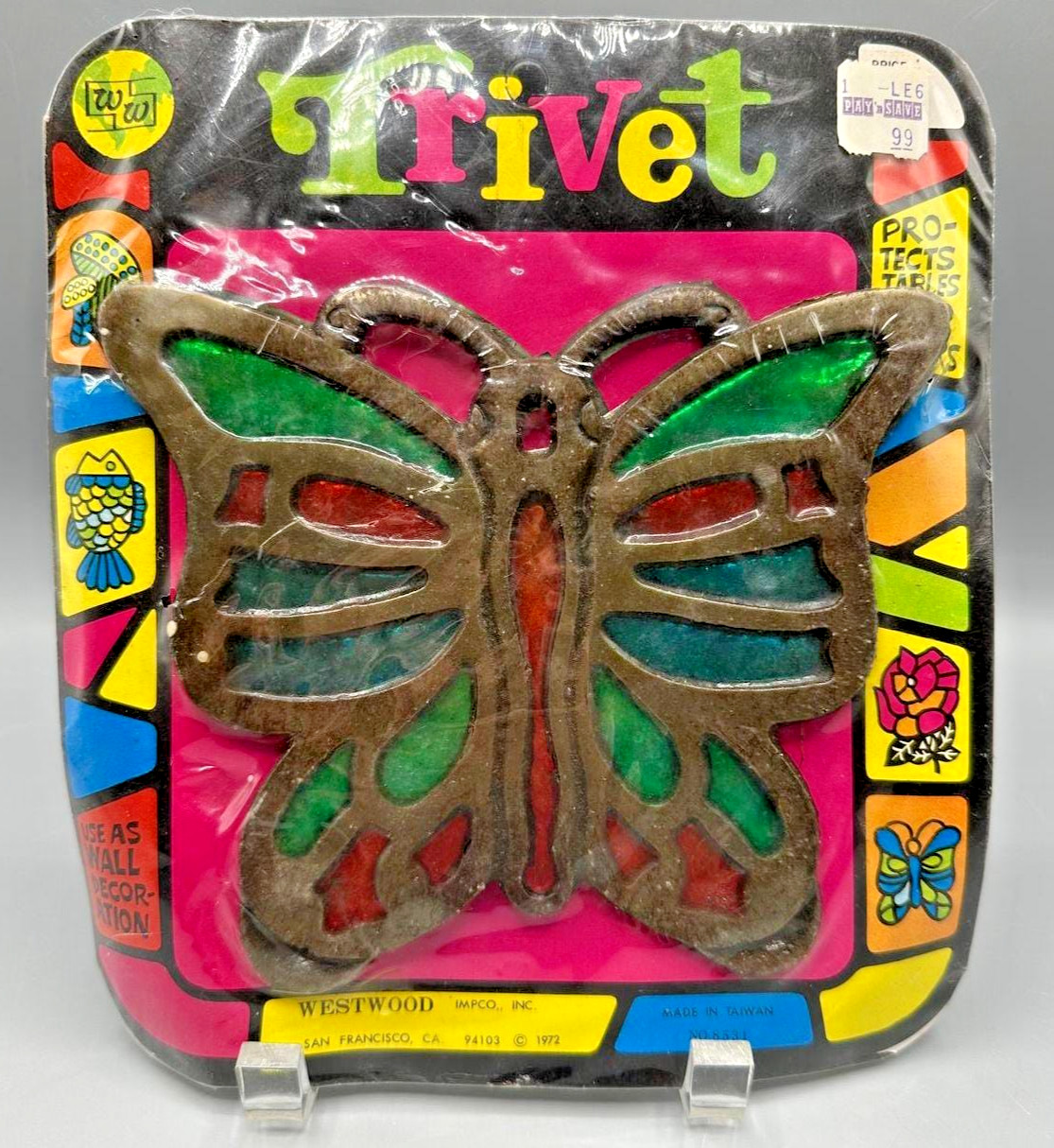 Vintage 1972 Westwood Impco Butterfly Cast Iron Trivet Faux Stained Glass NOS