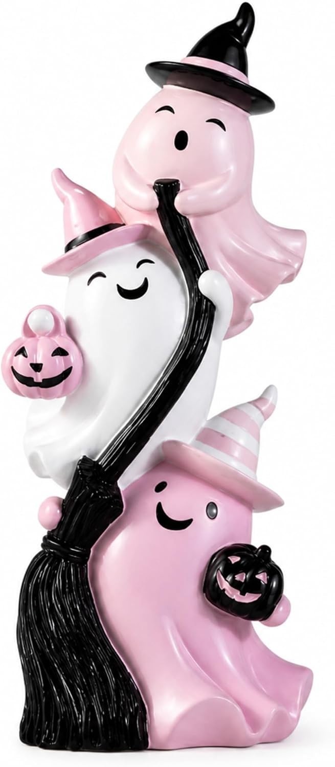Gerrii Cute Ghosts Halloween Figurine Pink White Table Decor Resin