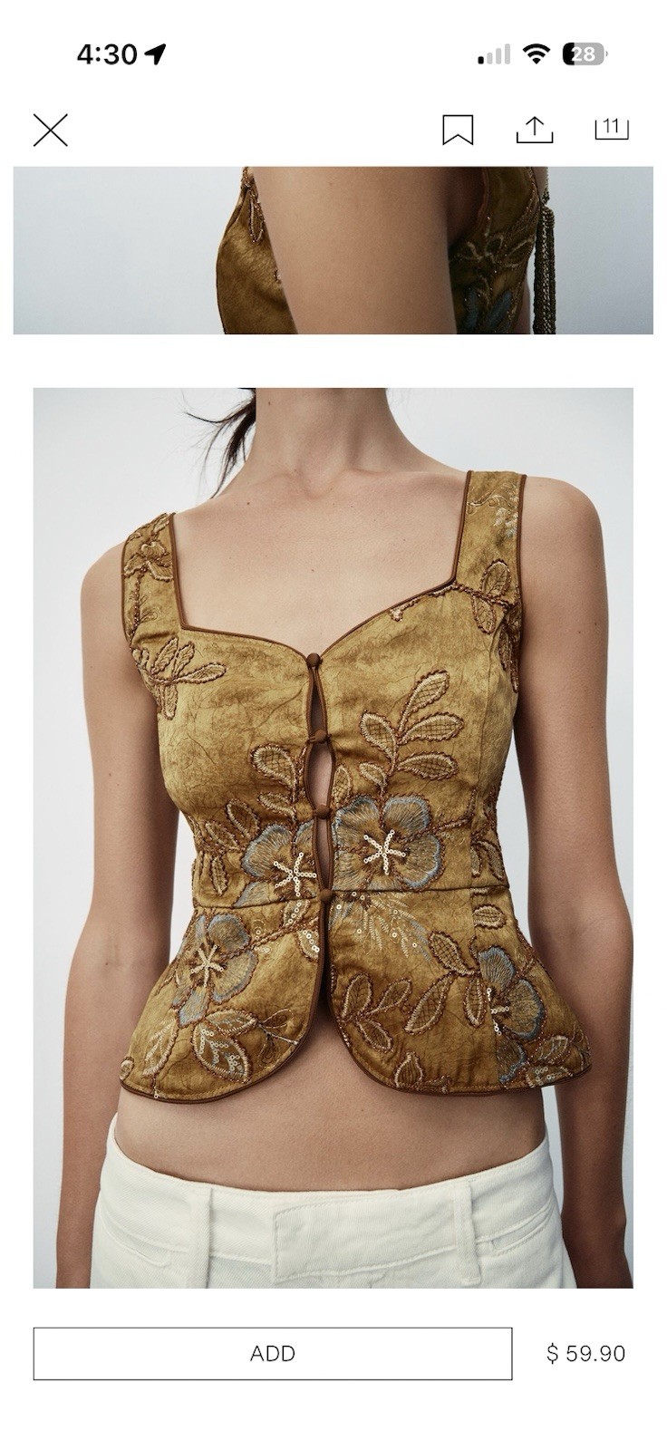 ZARA NEW WOMAN STRAPPY BEADED EMBROIDERED VEST TOP OCHER Dize L 1067/626/703