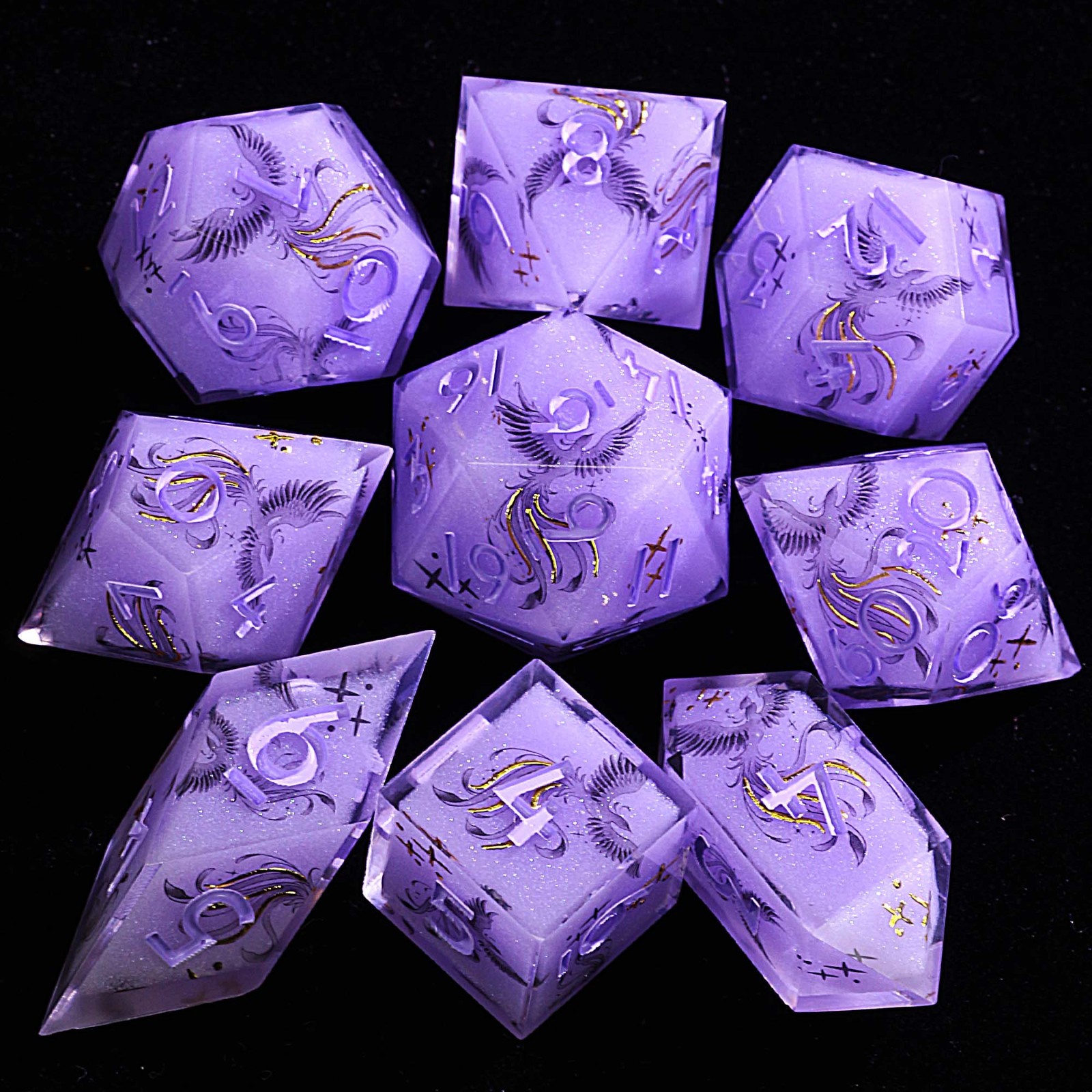 9 Polyhedral Resin Dice DnD Set Violet Phoenix Oath for Dungeons Dragons RPG