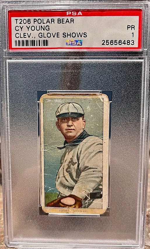 1909-11 T206 Polar Bear Back Cy Young Glove Showing PSA 1 (Cert 25656483) 1909-11 T206 Polar Bear Back Cy Young Glove Showing PSA 1 (Cert 25656483)