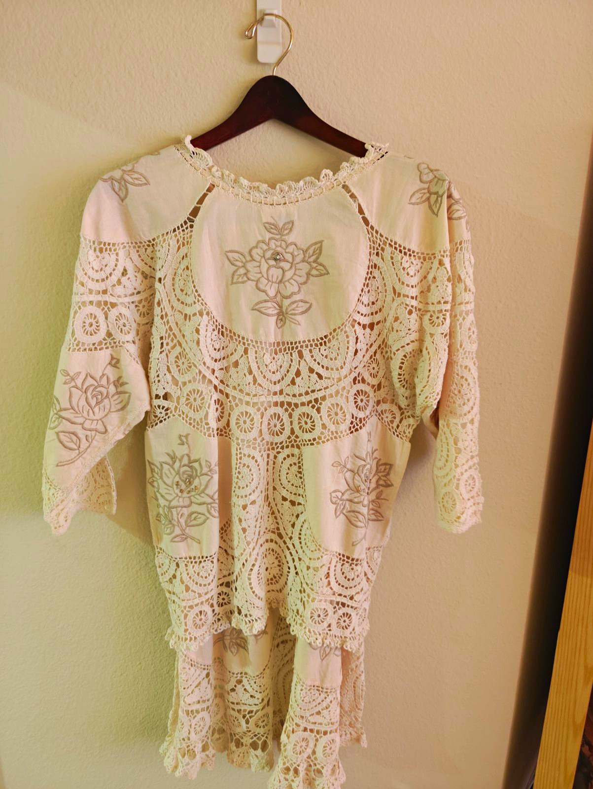 VTG 80s Lim’s Shanghai Crochet Lace 2pc Set Blouse Skirt Cream Cottage Large