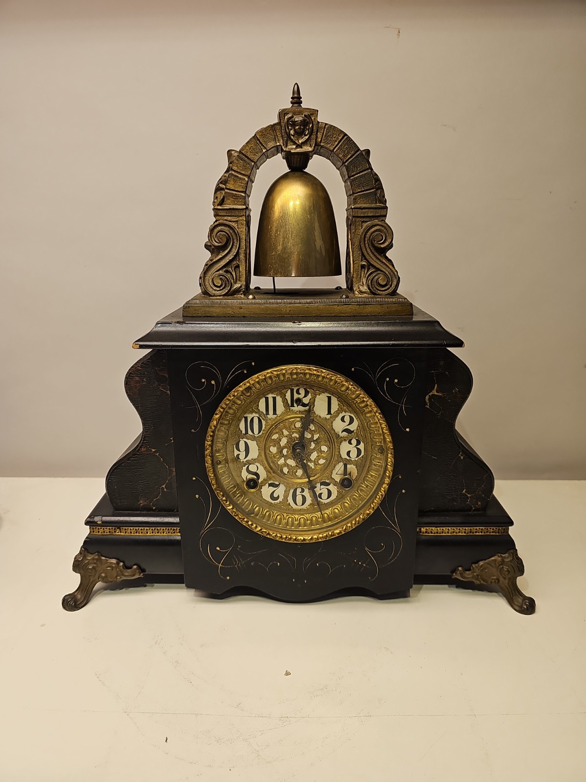 Antique Gilbert Curfew Model Mantle Clock Large Strike Bell On Top Needs Work Antique Gilbert Curfew Model Mantle Clock Large Strike Bell On Top Needs Work