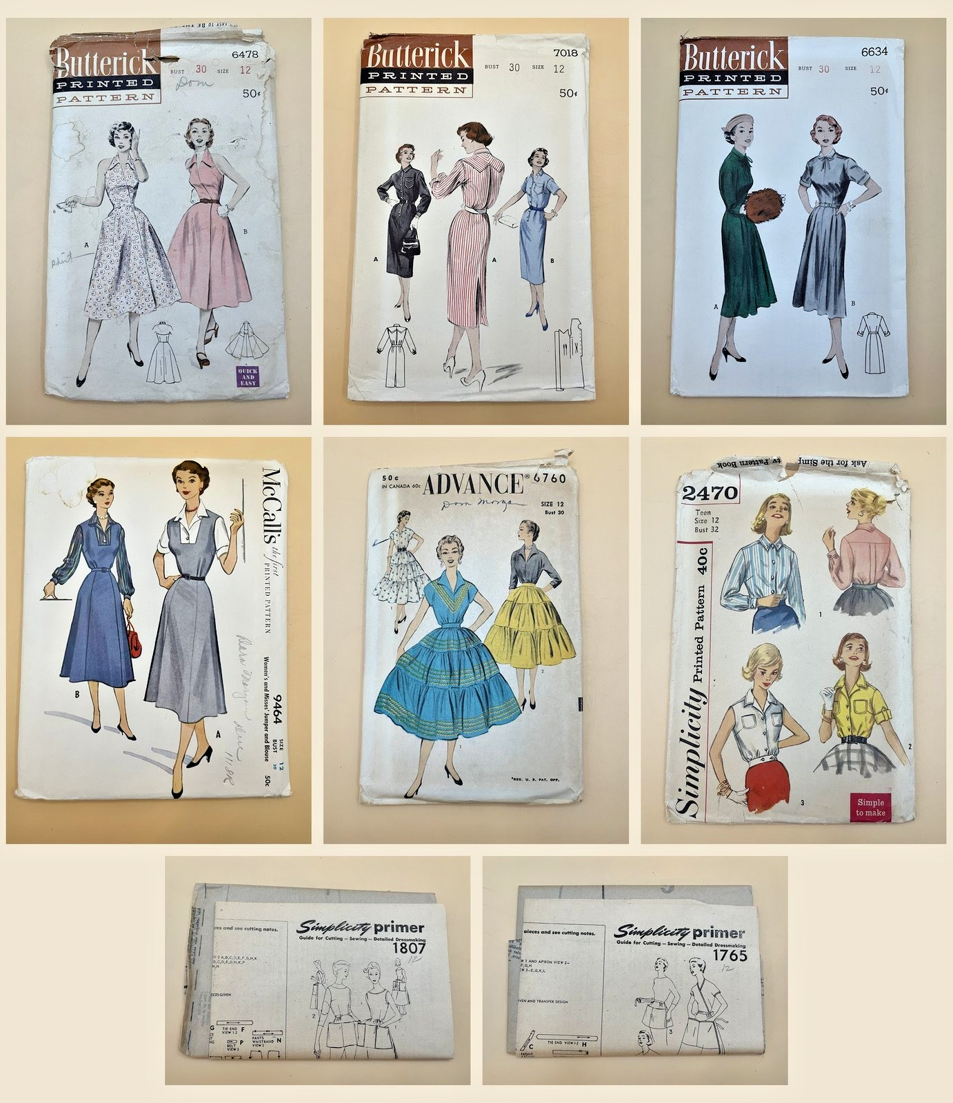 Lot 6 Vintage 1950s Sewing Patterns Bust 30 Size 12 Butterick Halter +2 Primers Lot 6 Vintage 1950s Sewing Patterns Bust 30 Size 12 Butterick Halter +2 Primers
