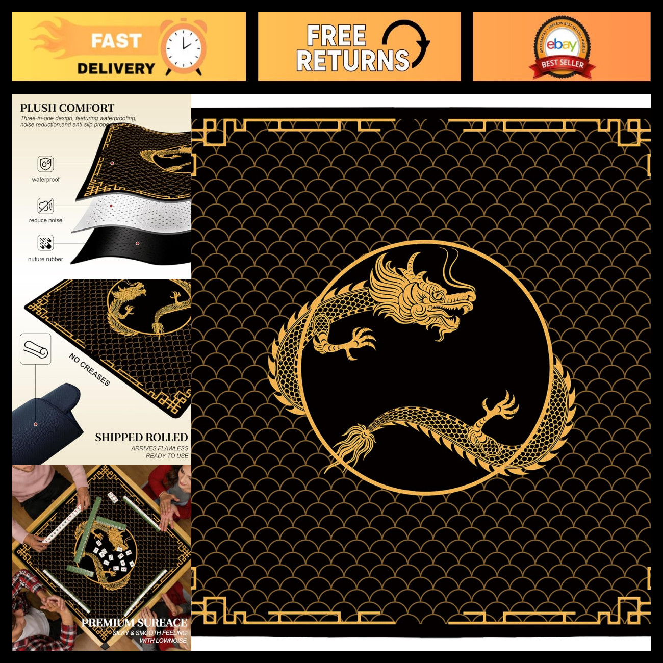 Vintage Black Gold Dragon Mahjong Mat 31.5\ Vintage Black Gold Dragon Mahjong Mat 31.5\
