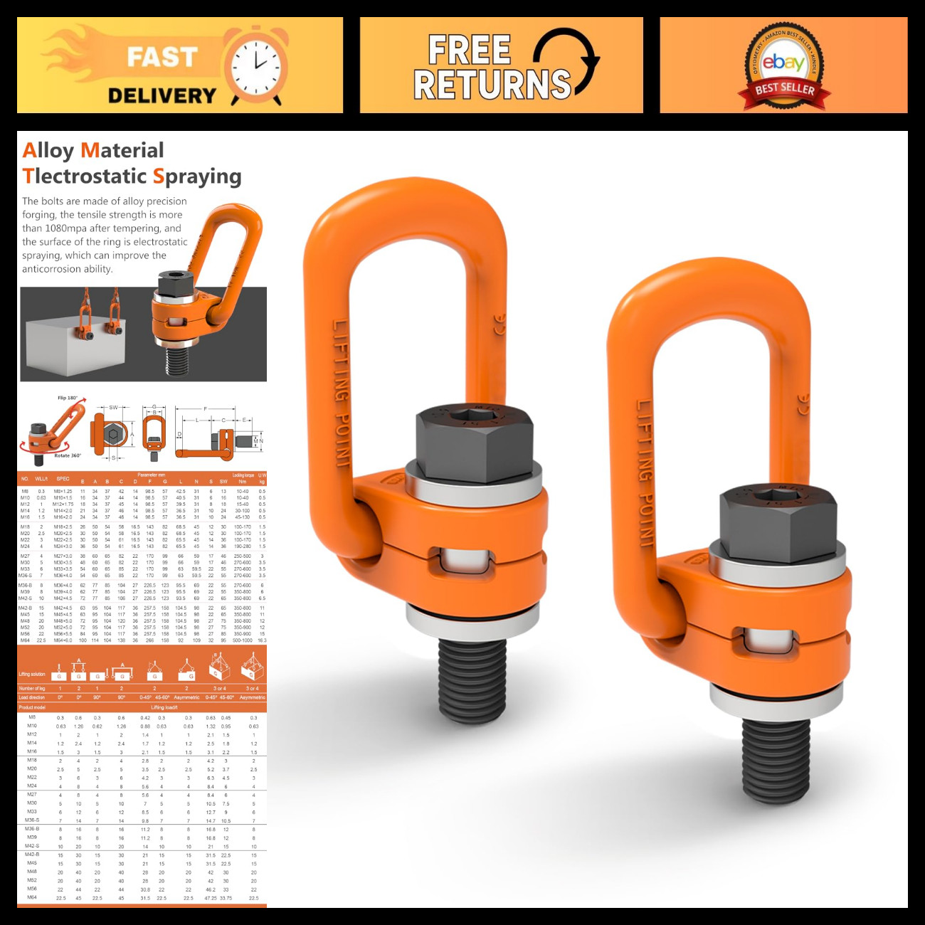 2 Pcs M8 Eye Bolt Swivel Hoist Rings 360° Rotation, 0.3 Ton Load, Alloy Steel 2 Pcs M8 Eye Bolt Swivel Hoist Rings 360° Rotation, 0.3 Ton Load, Alloy Steel